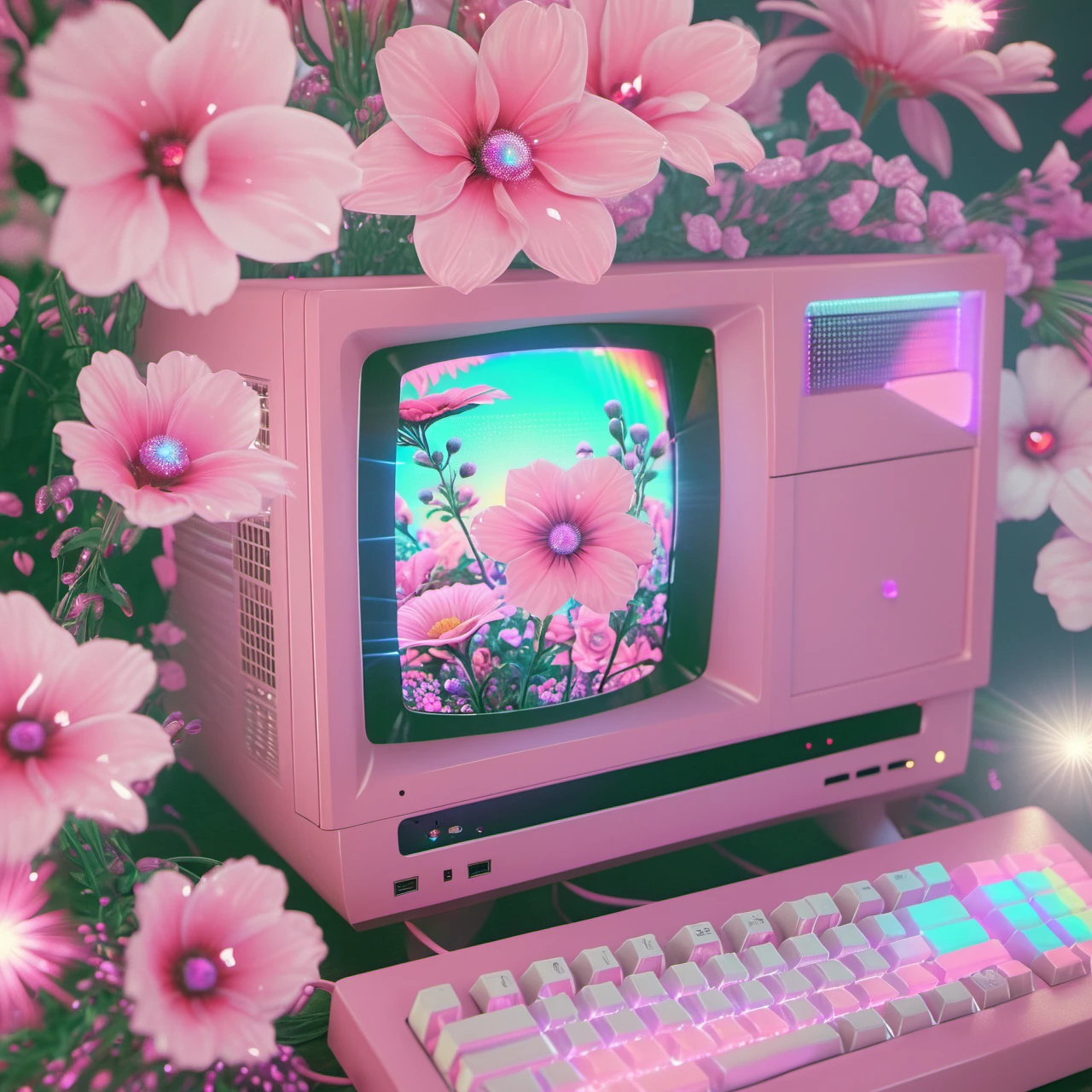 xdlx style, digital aesthetic, vintage pink computer surrounded by flowers and crystals, the computer screen displays an all seeing eye, digital glitch distortions, pink spectrum