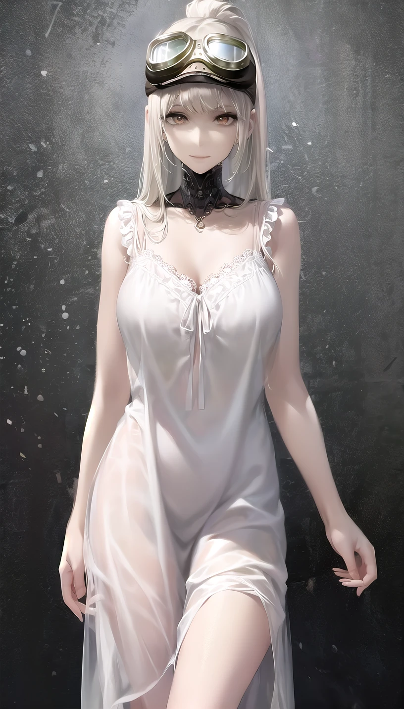 goggles, 
(nightgown:1.28),
light smile, closed mouth, 
lady,mature female, cowboy shot,
(white background, simple background:1.18),
highres,official art,original,masterpiece,best quality,
(large breasts),
 <lora:Vanilla:1>