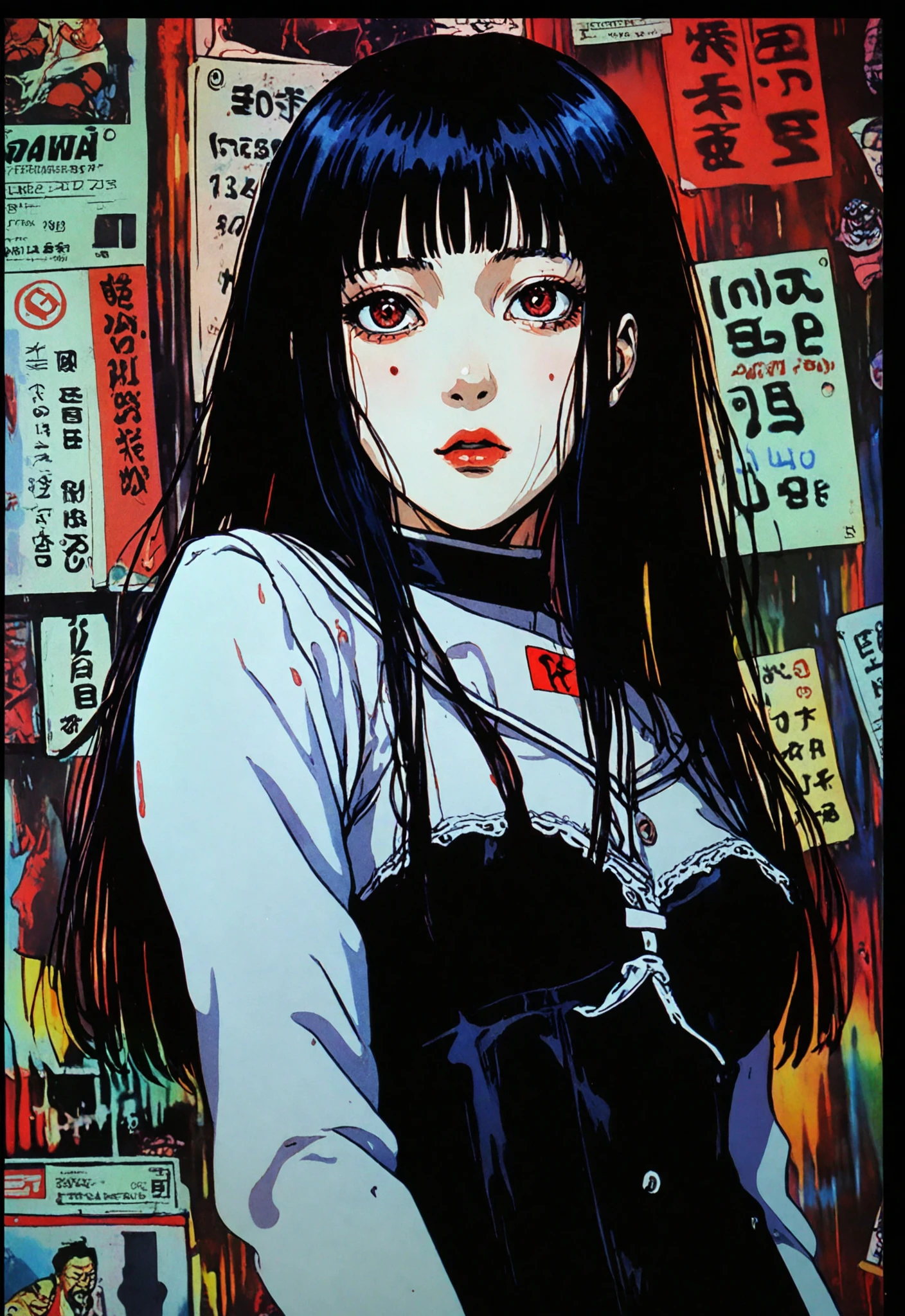 Analog style, vhs style, 8mm film, chromatic aberration, Dvd screengrab, from 80s horror , Bio - mechanical Dark fantasy in the style of Chiyomi Hashiguchi and Junji Ito portrait 35mm photo by Jhonen Vasquez', in the style of bizarre performance art, high detail, realsitic shadow
