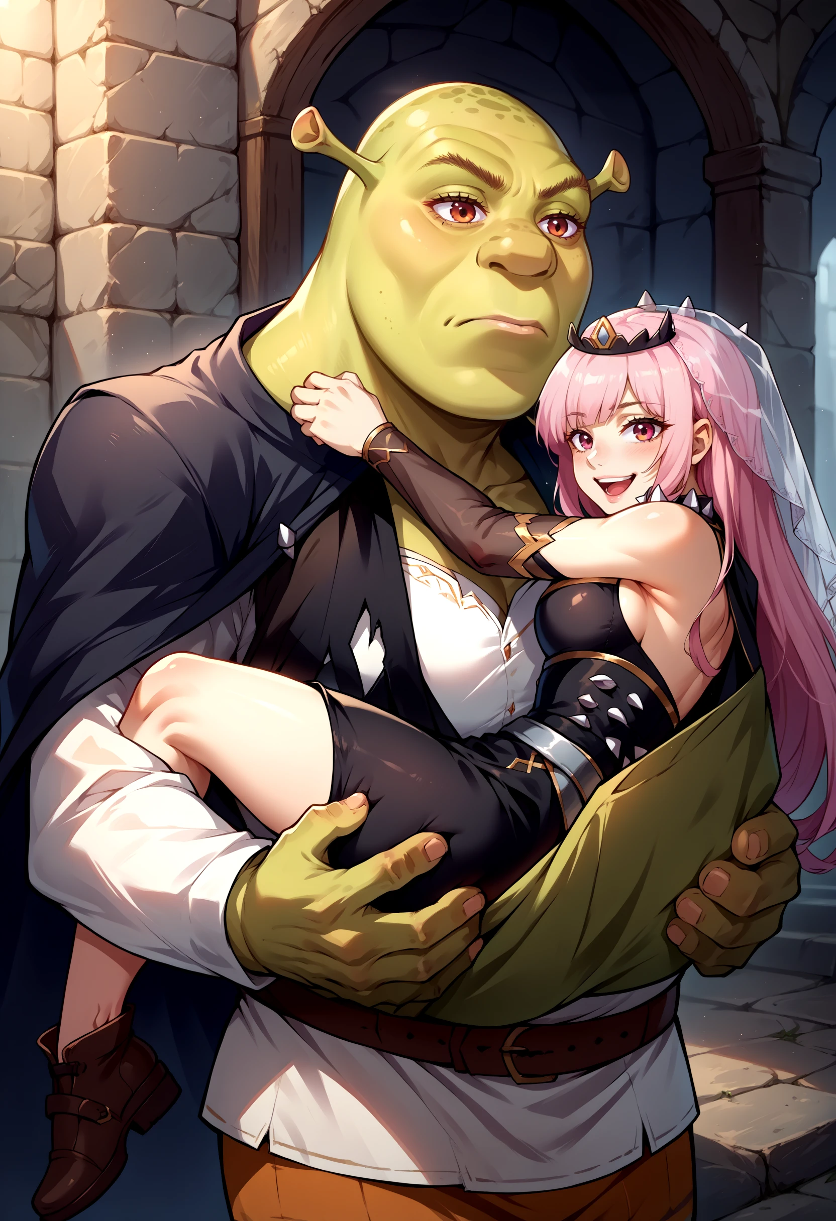 old man and young girl, age gap, age difference, giant tall size, old man 70, long beard white, scar eye red, face smile, skin white, hairy body, armor, naked, big long penis erect, cumming, he carries his girlfriend strongly with both hands, ass fuck positions, sexy young girl magician 18, elf,hairstyle pink, size tiny and slim, little pregnant, face embarrassing blushed, in comfort sitting position for sex, forced rape impregnation, one old man, one young girl, chains handcuffs, naked, nsfw, on prison.