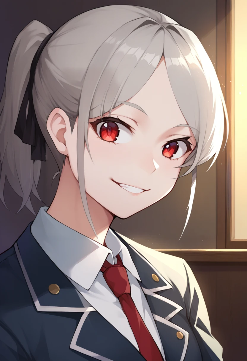 score_9, score_8_up, score_7_up, source_anime, 1girl,red eyes,smile, room, wariza, ponytail,grey hair, portrait, blazer, <lora:xiujia-yihuizi-Style-PonyXL-000054:1>