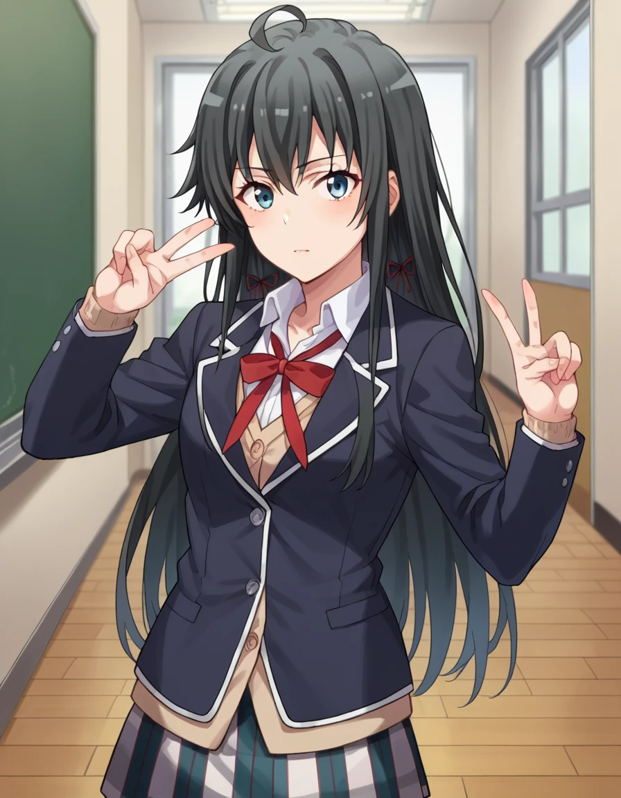 score_9, score_8_up, score_7_up, source_anime,
yukinoyukinoshita, <lora:yukino-yukinoshita-ponyxl-lora-nochekaiser:1>,
yukino yukinoshita, black hair, blue eyes, long hair, ahoge,
blazer, cardigan, jacket, plaid, plaid skirt, school uniform, skirt, sobu high school uniform,
indoors, classroom, hallway,
looking at viewer, dutch angle, cowboy shot, dynamic pose, peace sign,