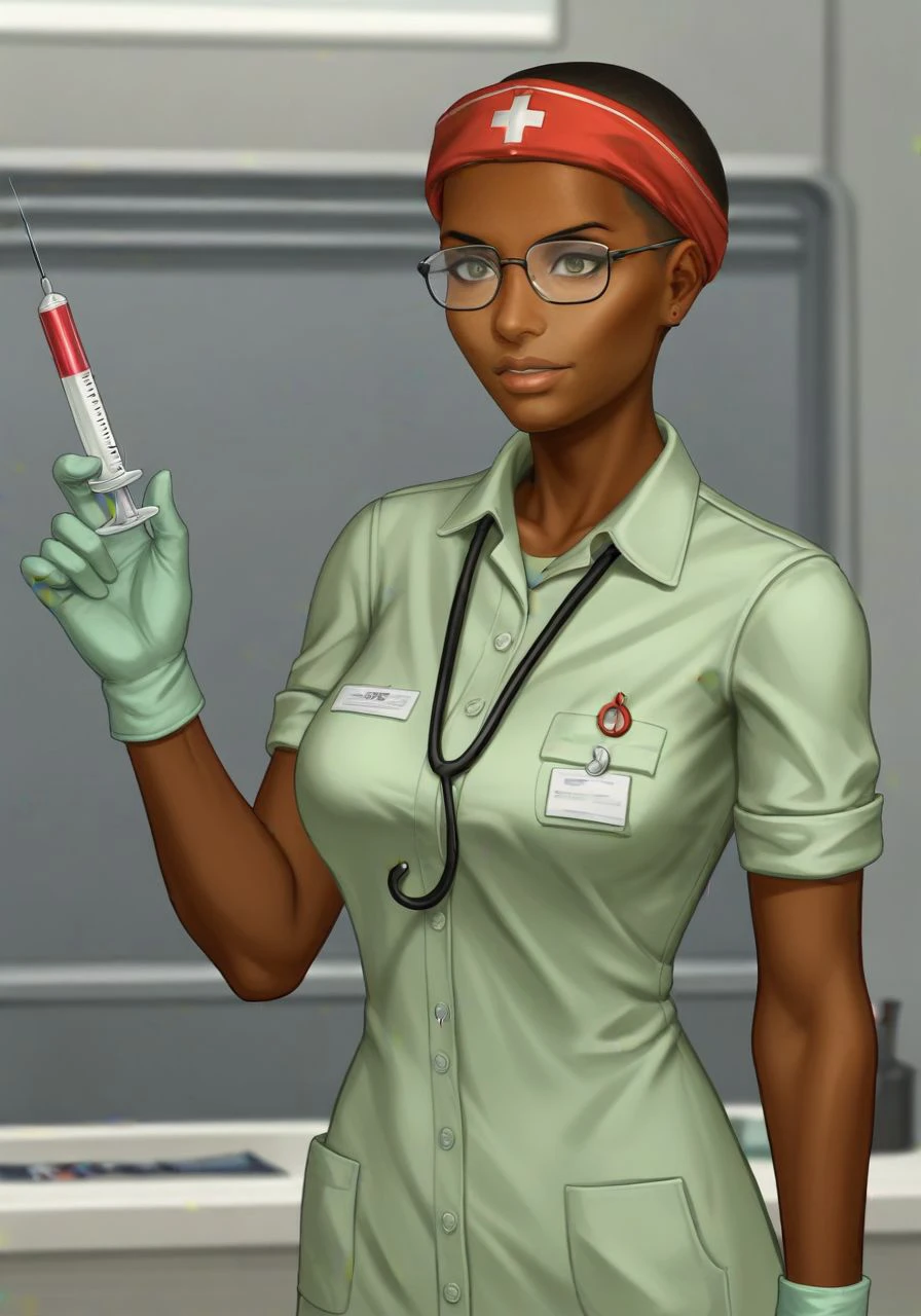 score_9, score_8_up, score_7_up, BREAK doctor's office, <lora:r3dFO_PDXL:0.8> r3dFO, dark-skinned female, buzz cut, dark eyes, glasses, headband, untucked shirt, green v-neck t-shirt, green pants, rubber gloves, stethoscope, standing, holding syringe, a nurse prepares to give her patient a vaccination