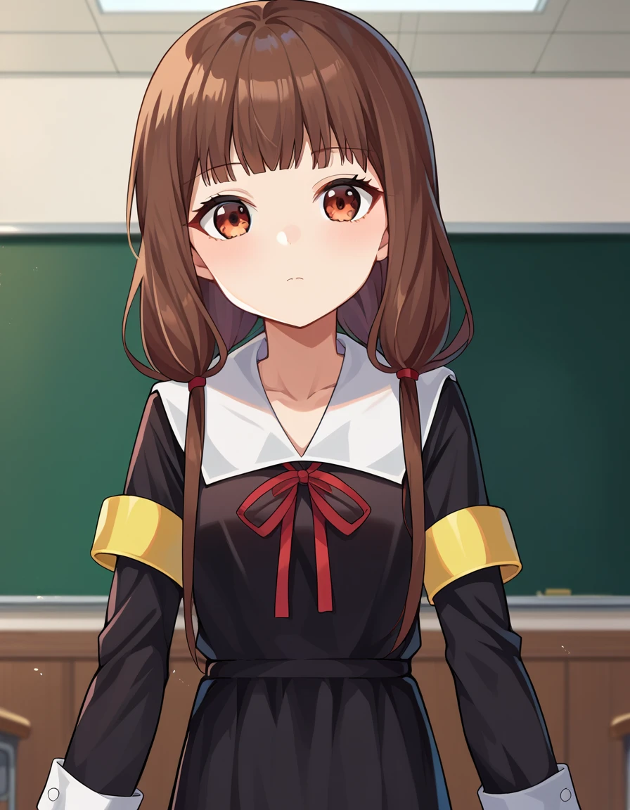 score_9, score_8_up, score_7_up, source_anime,
mikoiino, <lora:miko-iino-ponyxl-lora-nochekaiser:1>,
miko iino, blunt bangs, brown eyes, brown hair, hair tie, long hair, low twintails, red ribbon, ribbon, twintails,
long sleeves, dress, ribbon, school uniform, collarbone, black dress, sailor collar, white sailor collar, red ribbon, neck ribbon, shuuchiin academy school uniform, armband,
indoors, classroom, hallway,
looking at viewer, dutch angle, cowboy shot,