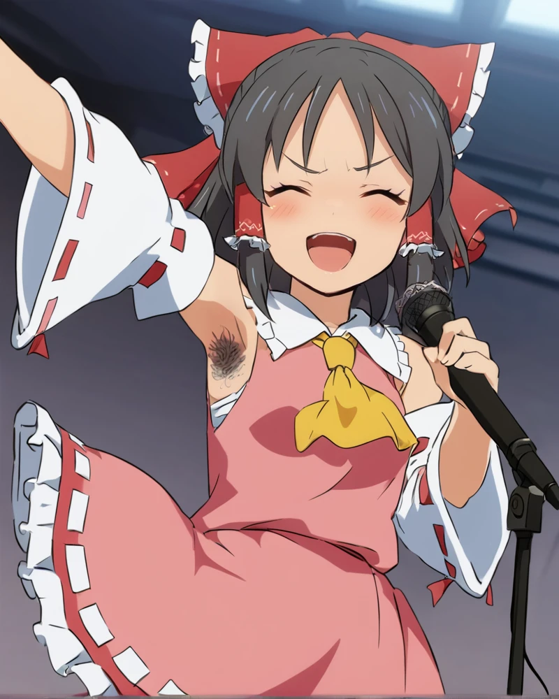 wink,smile,blush ,holding mic,singing,(pink dress:1.2),armpit hair,
hakurei reimu,SNNN <lora:SNNN:1>black hair, bow, hair bow, solo, bow, black hair,detached sleeves, ribbon trim, red skirt, ribbon-trimmed sleeves,yellow ascot, frills, white sleeves, frilled bow, red shirt, frilled hair tubes, sleeveless shirt, medium hair, skirt set, cowboy shot, frilled skirt
anime screencap,absurdres,beautiful, masterpiece, best quality, extremely detailed face,