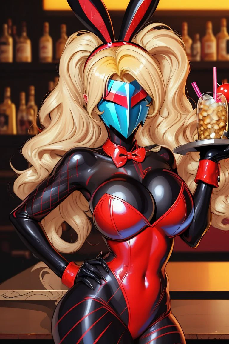 high resolution, masterpiece, high quality, <lora:CasinoBunny-000009:.8>, ((bar background)), 1 Casinobunny, huge breasts, black bodysuit, strapless red leotard, bright blonde hair, wasp-waisted, ((faceless, silvermask covering face and eyes)), red fishnets over black tights, red bunny ears, long curly hair, holding tray of drinks