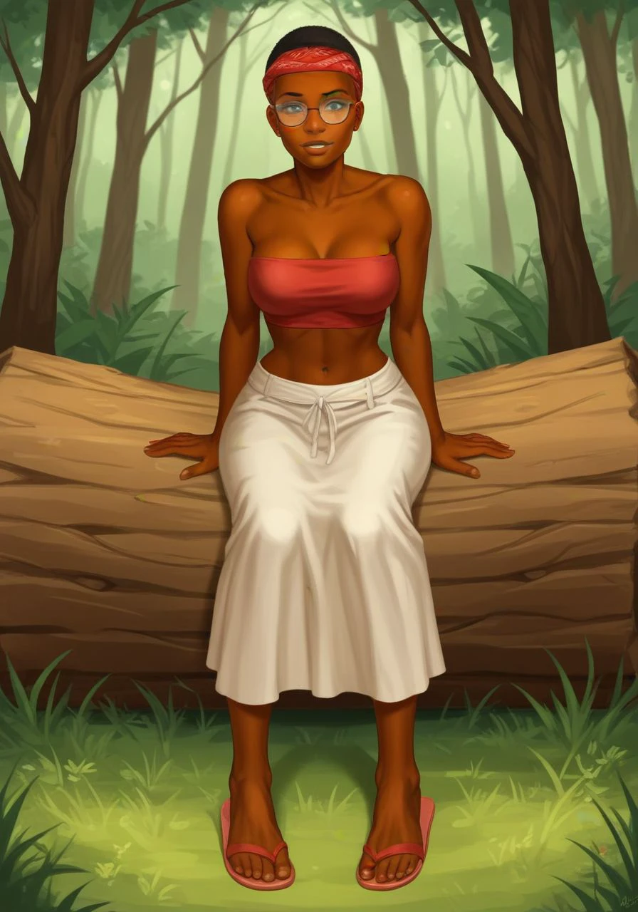 score_9, score_8_up, score_7_up, BREAK doctor's office, <lora:r3dFO_PDXL:0.9> r3dFO, dark-skinned female, (buzz cut:1.1), dark eyes, glasses, headband, a girl sits on a felled log on top of a dirt hill, windy, (dangling feet:1.2), plains forest, light shafts, (red off-shoulder bandeau:1.1), cream (high-slit:1.2) flared long skirt, flip-flops, 1girl