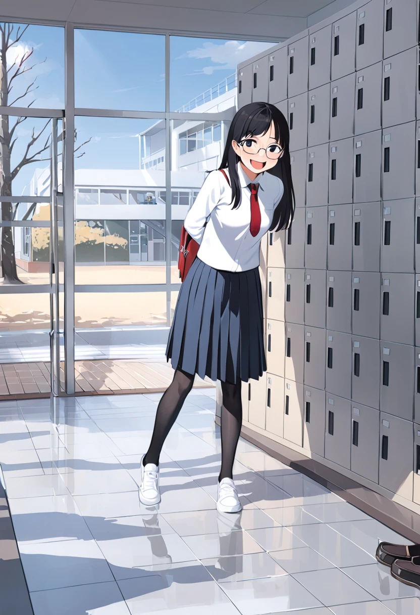 best quality, ultra-detailed, illustration,
1girl, glasses, black hair, long hair, standing, red necktie, pantyhose, white shirt, shoes, school uniform, blue skirt, collared shirt, smile, laughing, looking at viewer, solo focus,
getabako, scenery, window, locker, school, indoors, tree, sunlight, building, day, reflective floor, bench, door
<lora:col_xl:0.6> <lora:gakkou_getabako_SDXL_V1:1>