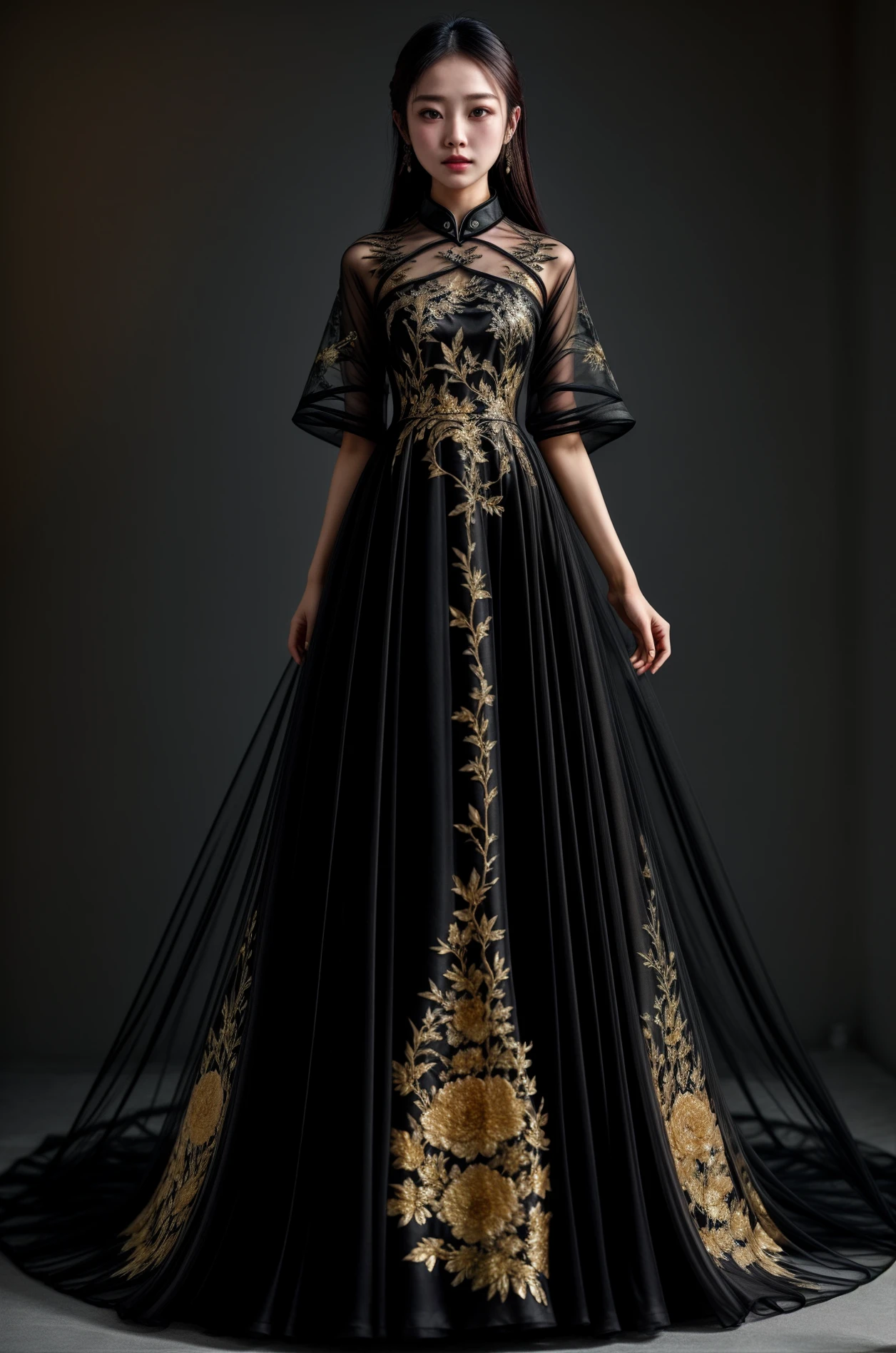 masterpiece,best quality,dynamic_angle,1girl,dress,<lora:formal attire:0.8>,formal attire,<lora:add_detail:1>,Transparent,black,chinese style,