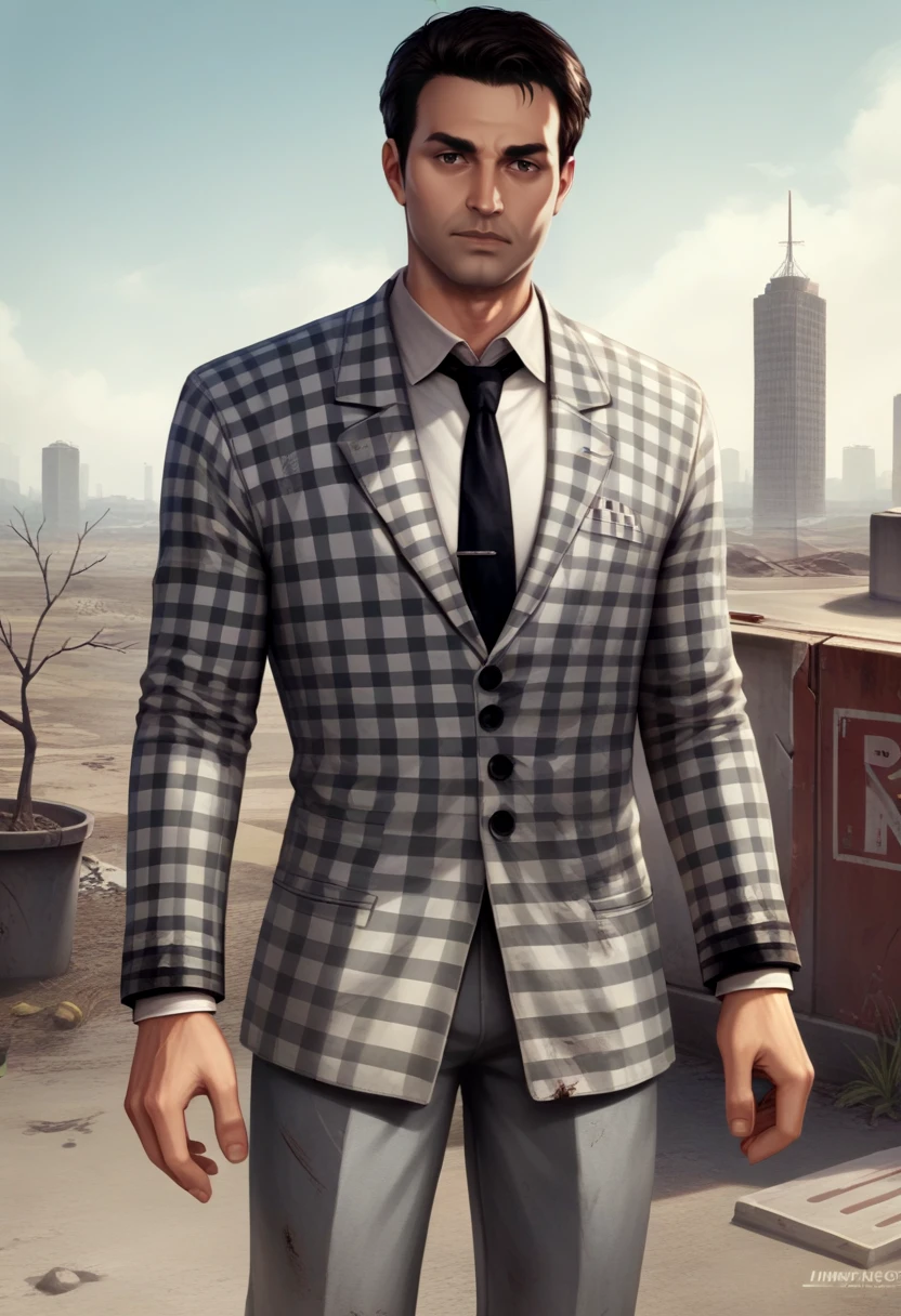 score_9, score_8_up, score_7_up, source_anime, realistic BREAK 1boy, solo, male focus, <lora:benny-fnv-richy-v1_pdxl:0.8> benny, black hair, short hair, black necktie, checkered suit, grey pants, outdoors, post-apocalypse, las vegas, fallout, city, junkyard