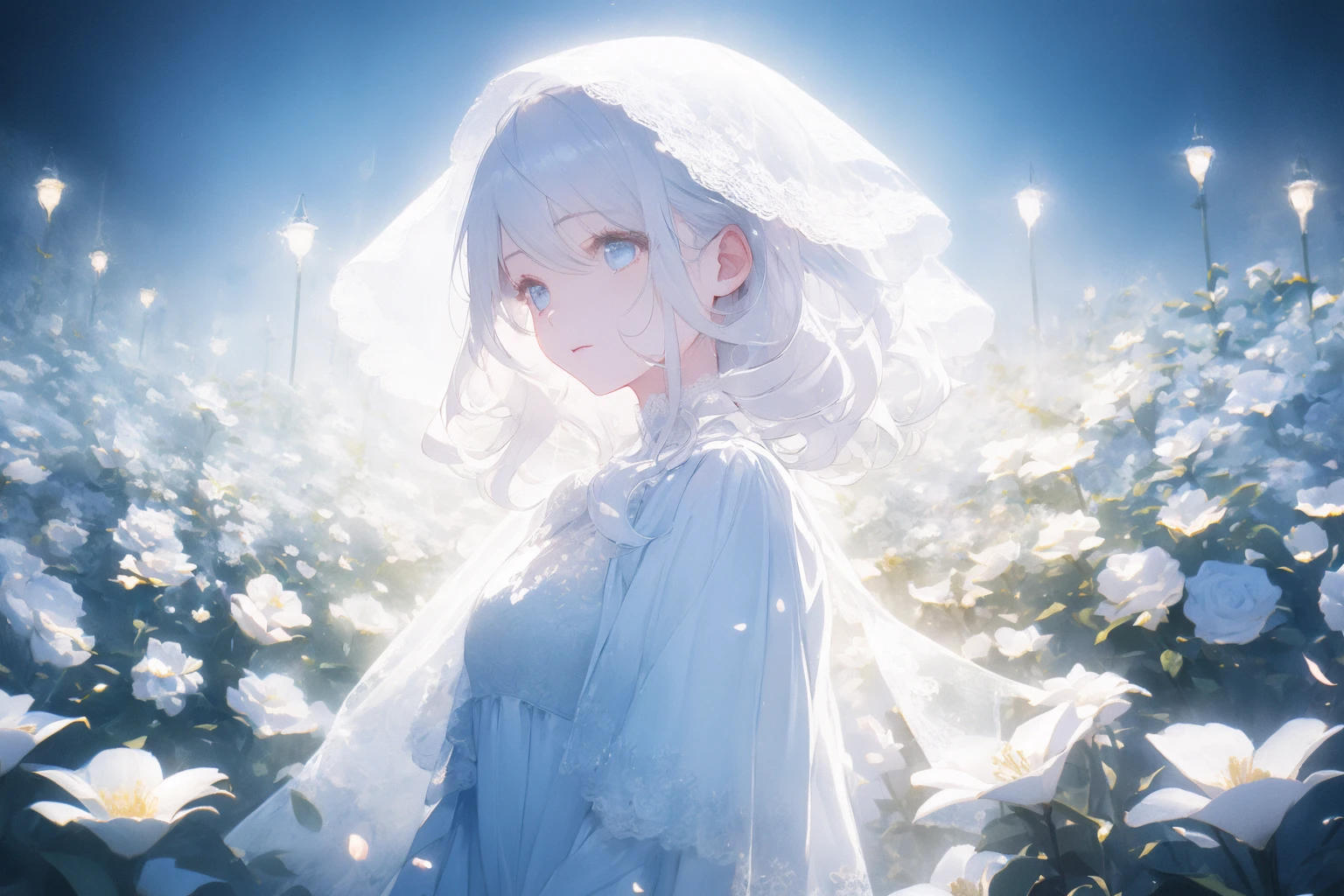 softly illustration, softly atmosphere, softly color pencil illustration, absurdres, elaborate, hyper quality, hyper detailed, in white flower garden at night, (1 very cute girl:1.3), solo, expressionless, clear white hair, detailed beautiful eyes, blue eyes, half open eyes, white lace dress, lens flare,