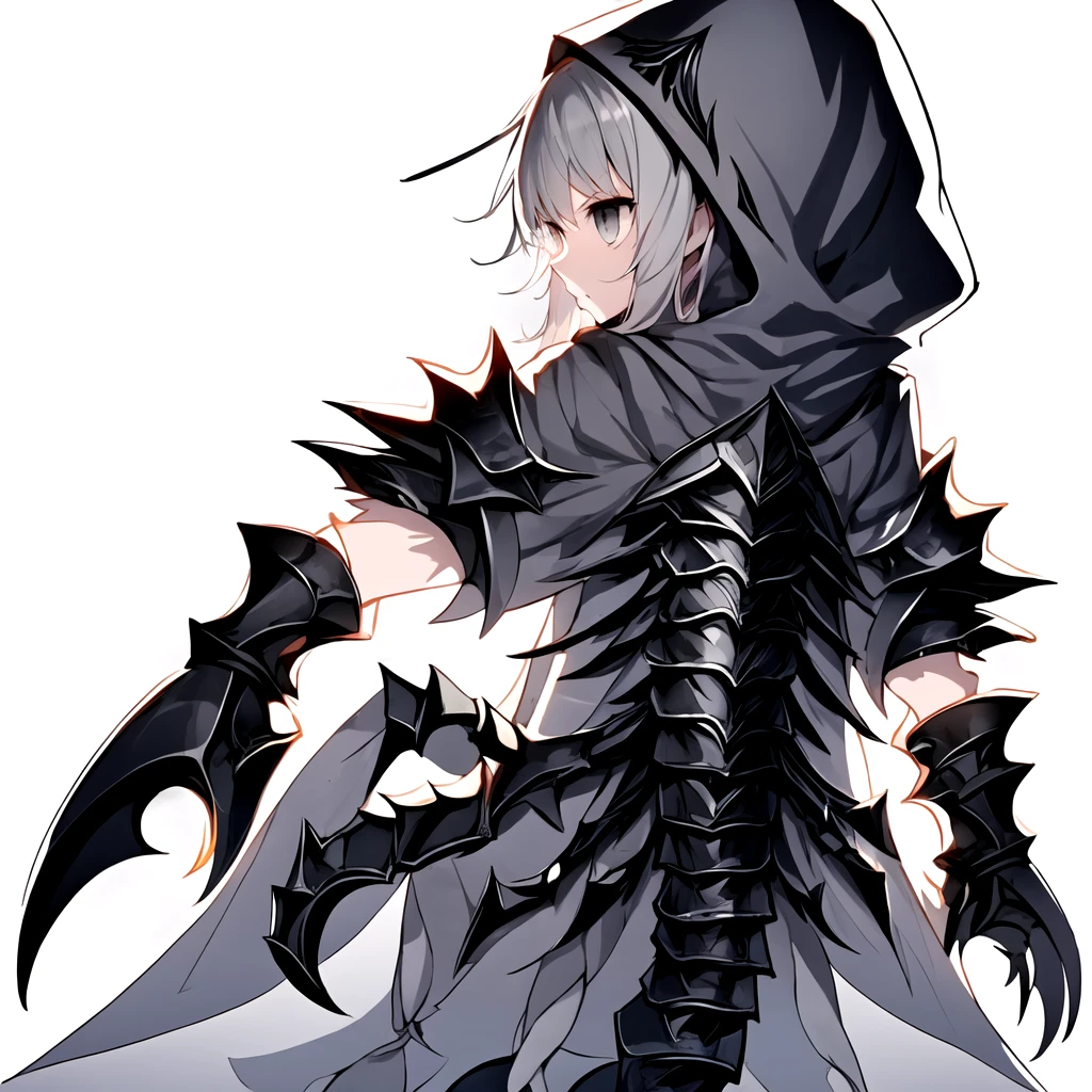 1girl, solo, light grey hair, light grey eyes, light grey skin, white robe, (hood up:1.5)
<lora:sasoriishou_v1:1>, sasoriishou, (from side:1.5), gauntlet, claw, tail