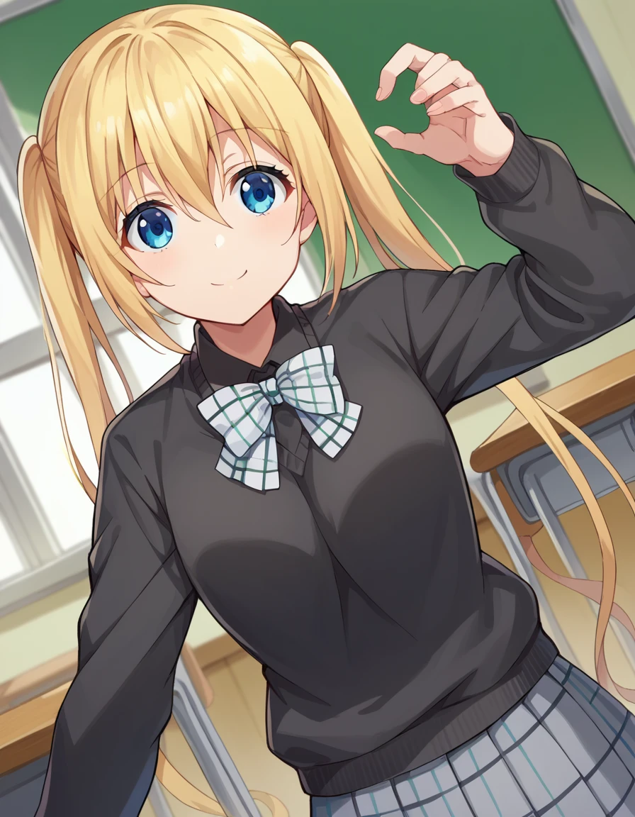 score_9, score_8_up, score_7_up, source_anime,
kahohinata, <lora:kaho-hinata-ponyxl-lora-nochekaiser:1>,
kaho hinata, blonde hair, blue eyes, hair between eyes, long hair, sidelocks, twintails, smile,
skirt, shirt, long sleeves, bow, school uniform, pleated skirt, collared shirt, bowtie, sweater, plaid, black shirt, plaid skirt, grey skirt, black sweater, grey bow,
indoors, classroom,
looking at viewer, dutch angle, cowboy shot, dynamic pose,