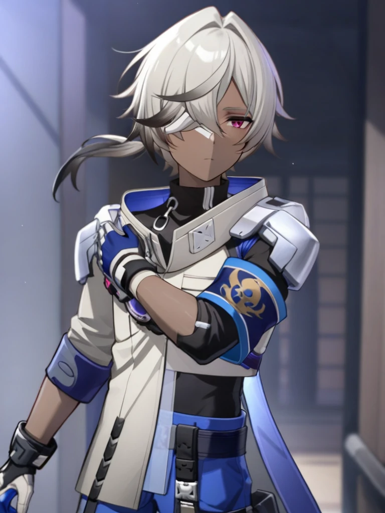 <lora:xl_arlan(kohaku_Delta)2:1>,arlan is a boy with gray hair and red eyes,he is wearing the alanyifu costume,male focus,1boy,, masterpiece,best quality,