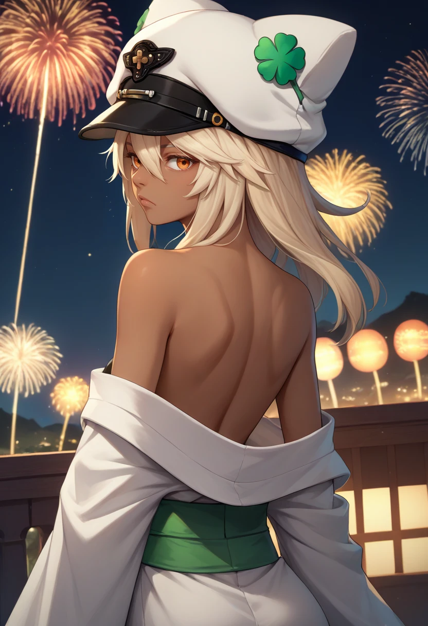 score_9, score_8_up, score_7_up, source_anime, from behind, 1girl, striveramlethal, dark skin, sharp teeth, expressionless, looking back, hat, four-leaf clover, orange eyes, white kimono, off shoulder, green sash, bare shoulders, fireworks <lora:guiltygear_strive_ramlethal_ponyXL:1>