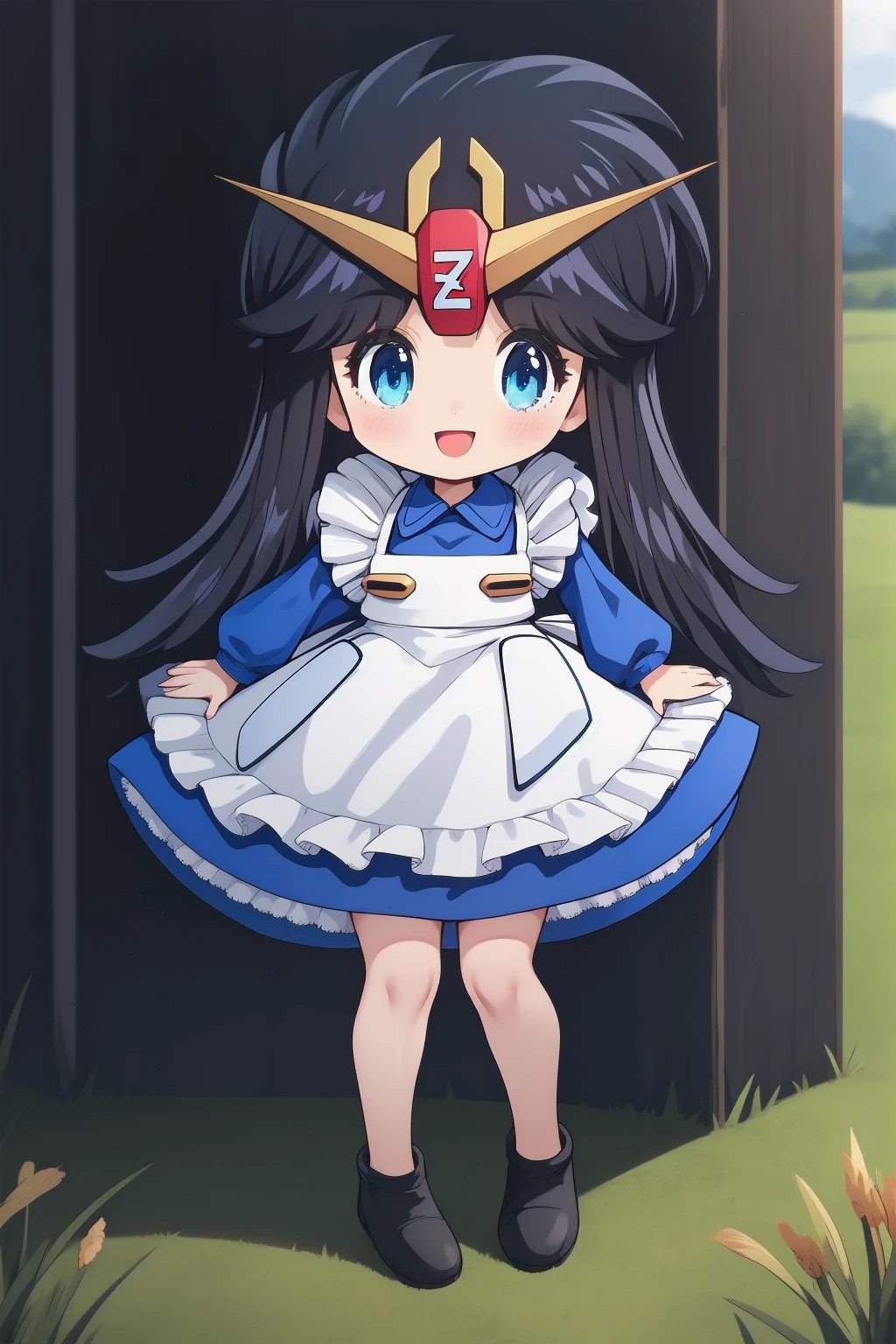 1girl, , (field:1.2), smile, open mouth, chibi, full body, hair ornament,
z-chan, blue eyes, black hair, long hair, blue dress, long sleeves, white apron,<lora:Z-chan_lora_ver1:0.8>, best quality, masterpiece, highres, <lora:GoodHands-vanilla:1>
