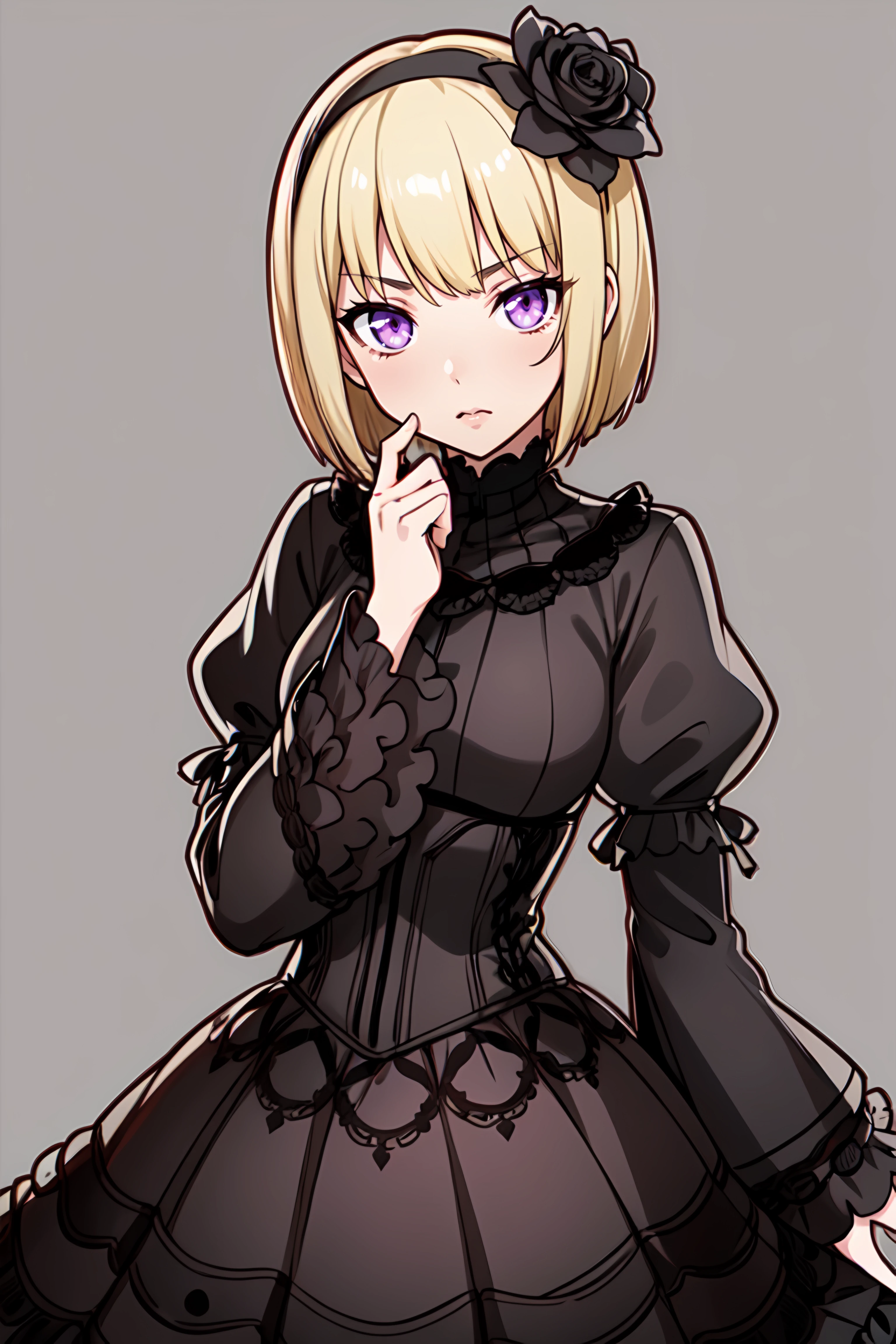 masterpiece,best quality, unreal engine, ultra res, extremely detailed,
1girl, waist, slender, (muscular:0.6),
<lora:Style_hews_style:0.4><cutesexyrobutts_v2:0.4><lora_puuzaki-puuna-lora-v1:0.2>
<lora:Concept_Round_Breasts_V7:0.>
flat chest
watchig at viewer,
simple background
(anime style:1.3), key visual,
<lora:Style_Maki Yoko:0.>
<lora:Character_ort_ninon_kof_v0.1:0.4>
ninon_kofmi
blonde hair, short cut, bob cut, blunt bungs, hair flower, hair ornament, black rose,
purple eyes,
black dress, turtle neck, gothic , frills, long sleeves, juliet sleeves, wide sleeves,
black skirt, long skirt,
sexy pose, hand to chin