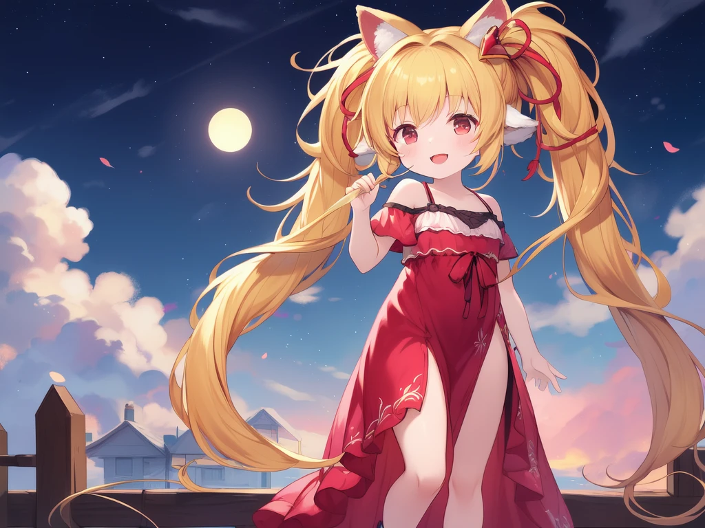 a blond、poneyTail、Red ribbons、red eyes、Beautiful girl alone、Fluffy clothes、off shoulders、a miniskirt、a moon、natta、red blush、sitting on、