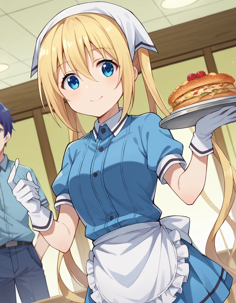 score_9, score_8_up, score_7_up, source_anime,
kahohinata, <lora:kaho-hinata-ponyxl-lora-nochekaiser:1>,
kaho hinata, blonde hair, blue eyes, hair between eyes, long hair, sidelocks, twintails, smile,
apron, blue shirt, blue skirt, frilled apron, frills, gloves, head scarf, shirt, short sleeves, skirt, uniform, waist apron, waitress, white apron, white gloves, food, tray, food tray,
indoors, restaurant,
looking at viewer, dutch angle, cowboy shot, dynamic pose,