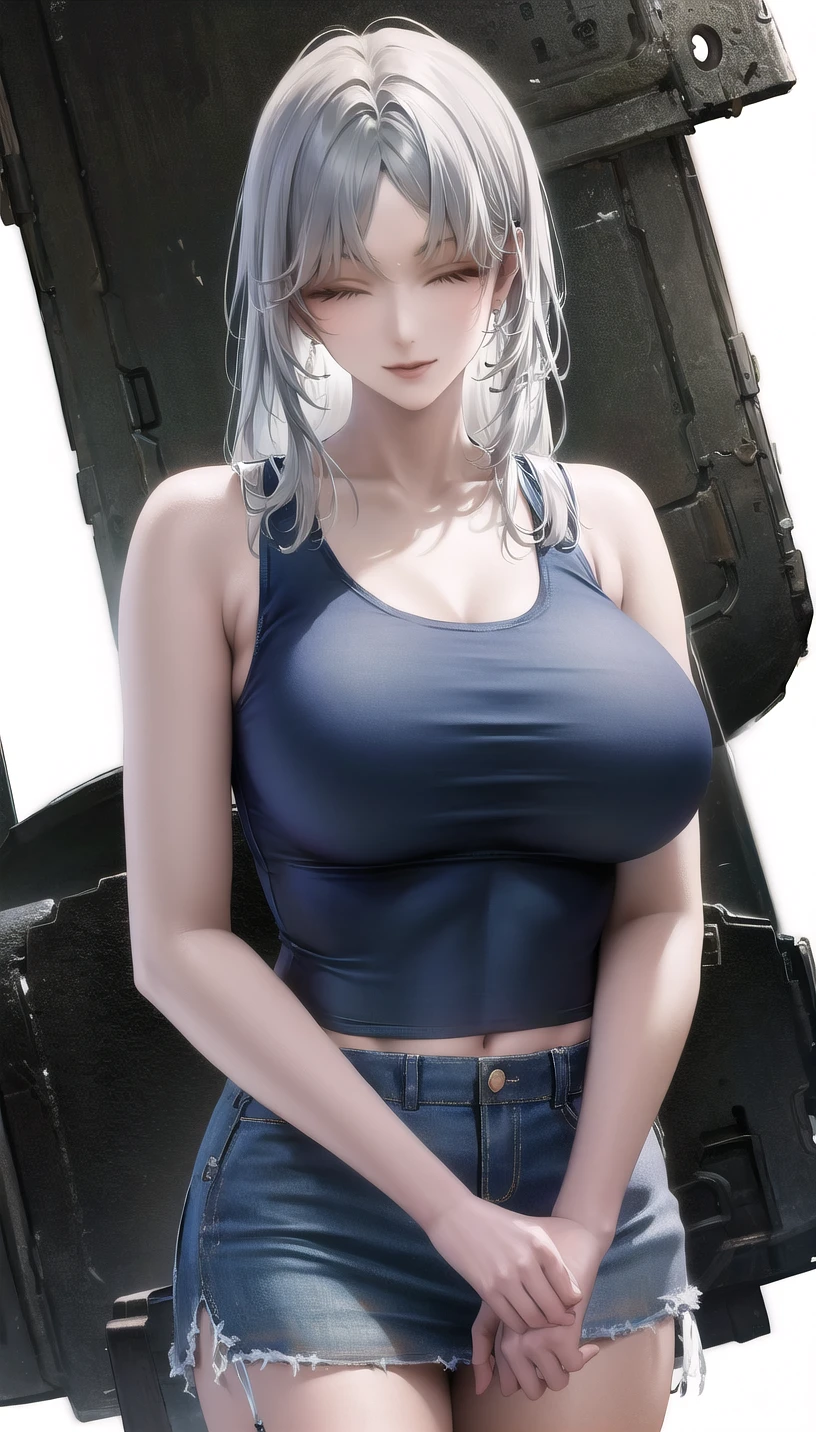 closed eyes, 
(tank top:1.28),
lady,mature female, cowboy shot,
(white background, simple background:1.18),
highres,official art,original,masterpiece,best quality,
(large breasts),
<lora:Du Ruo:0.8>