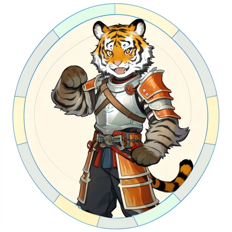 solo,1boy,male focus,armor,shoulder armor,tail,furry,white background,animal ears,signature,looking at viewer,furry male,pauldrons,japanese armor,simple background,barefoot,pants,facial hair,fangs,tiger,tiger tail,tiger ears,open mouth,teeth,year of the tiger,muscular,<lora:Ath_circle-frame:1>,(circle-frame:1.3),