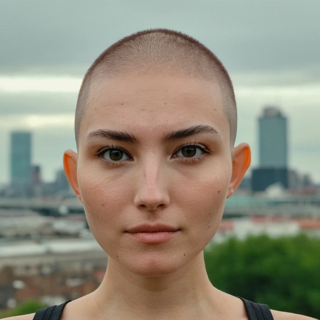 <lora:marzhang_xl_1_standard_wo_cap_merger_26_44_75_05_03_02:1> Buzzcut, no hair, bald, (Skin Texture, pores, natural,iPhone,RAW)), natural lighting, Highest Quality closeup Portrait photo of a woman wearing no makeup with a ((buzzcut)), Nikon Z9, realistic matte skin,  blurry city in the background, 8K,