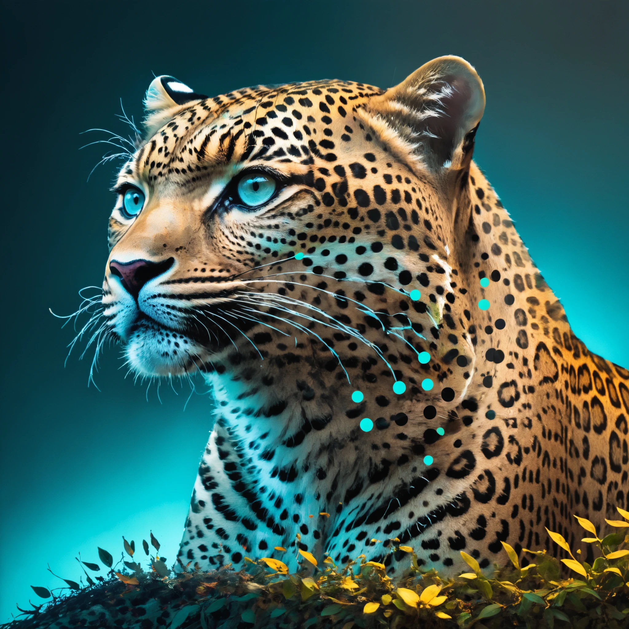 UV-light, covered with bright-teal-yellow dots-spots, leopard, ultra- detail, digital art, 4k, UhdR, masterpiece Discovery photo , pastel colors, beautiful, cinematic lighting, highly detailed, mark ryden, hyper-realistic, hyper-detailed, , realistic, vivid colors, highly detailed, perfect composition, beautiful detailed intricate insanely detailed octane render trending on artstation, 8k artistic photography, photorealistic concept art, soft natural volumetric cinematic perfect light, dark background, night photo