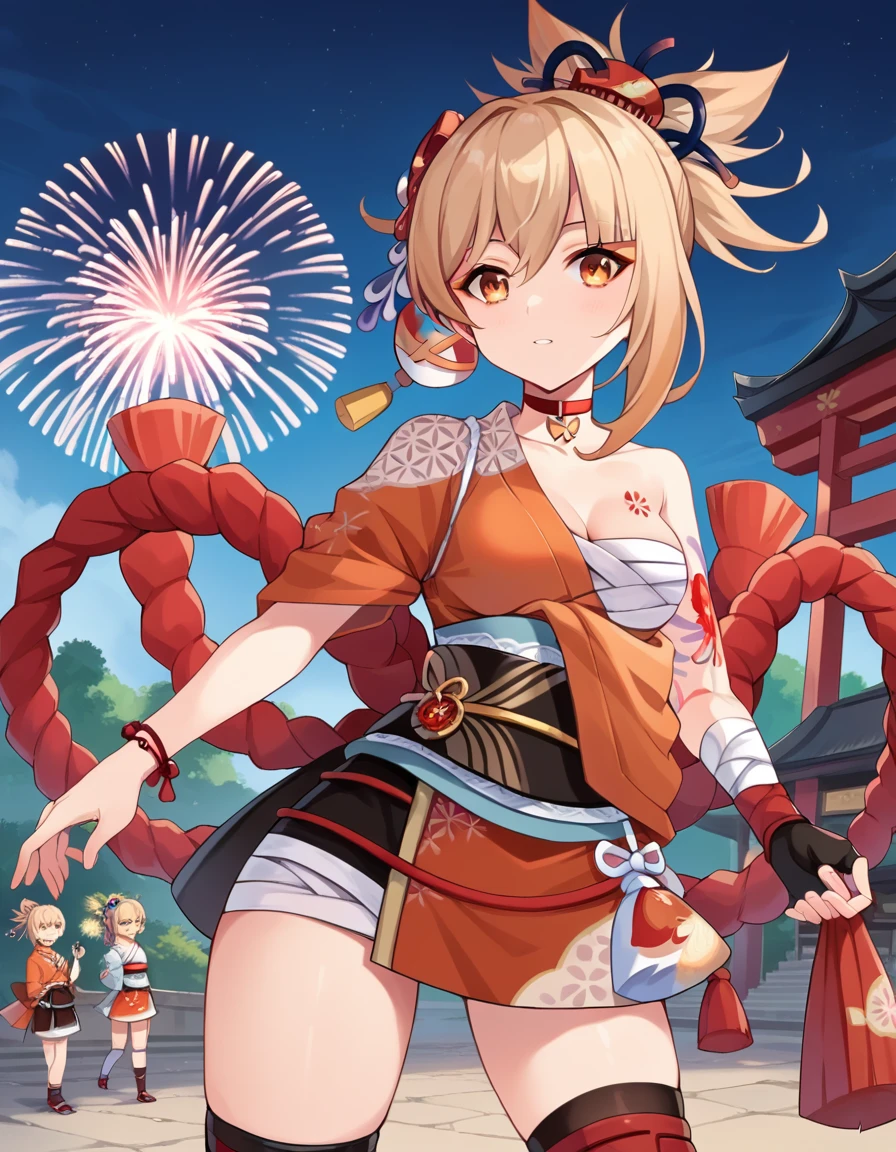 score_9, score_8_up, score_7_up, source_anime,
yoimiya, <lora:yoimiya-ponyxl-lora-nochekaiser:1>,
yoimiya, bangs, blonde hair, hair ornament, hair between eyes, ponytail, sidelocks, orange eyes, light brown hair,
thighhighs, gloves, jewelry, japanese clothes, choker, fingerless gloves, kimono, bracelet, sash, tattoo, bandages, obi, rope, asymmetrical legwear, pouch, sarashi, bandaged arm, red choker, arm tattoo, shimenawa, bandaged leg, chest tattoo, hadanugi dousa, orange kimono, single fingerless glove,
outdoors, shrine, fireworks, festival,
looking at viewer, dutch angle, cowboy shot,