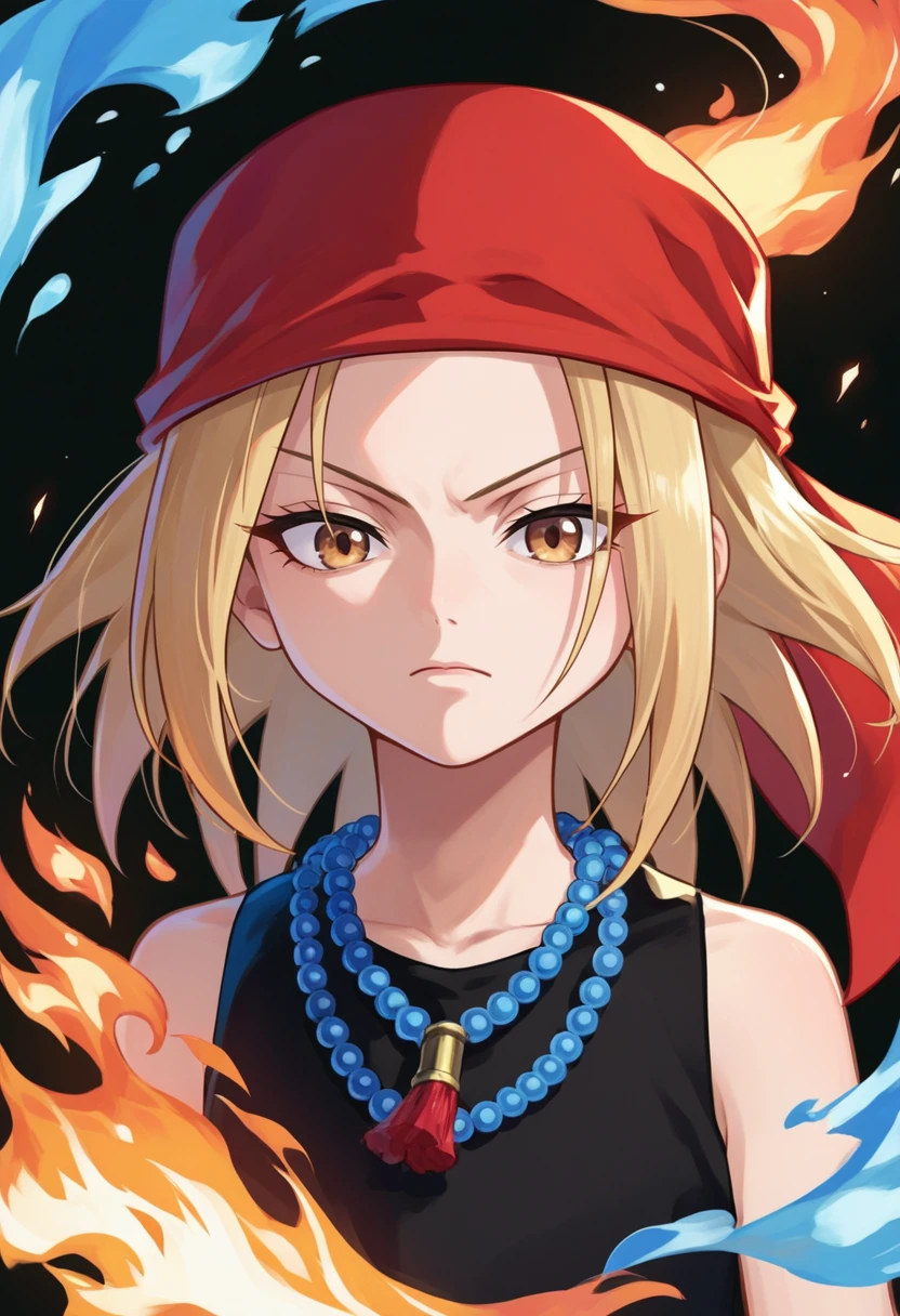 score_9, score_8_up, score_7_up, source_anime, kyouyama anna, blonde hair, short hair, brown eyes, black dress, bead necklace, red bandana, fire, abstract background, black background, <lora:Anna kyouyama-000008:1>