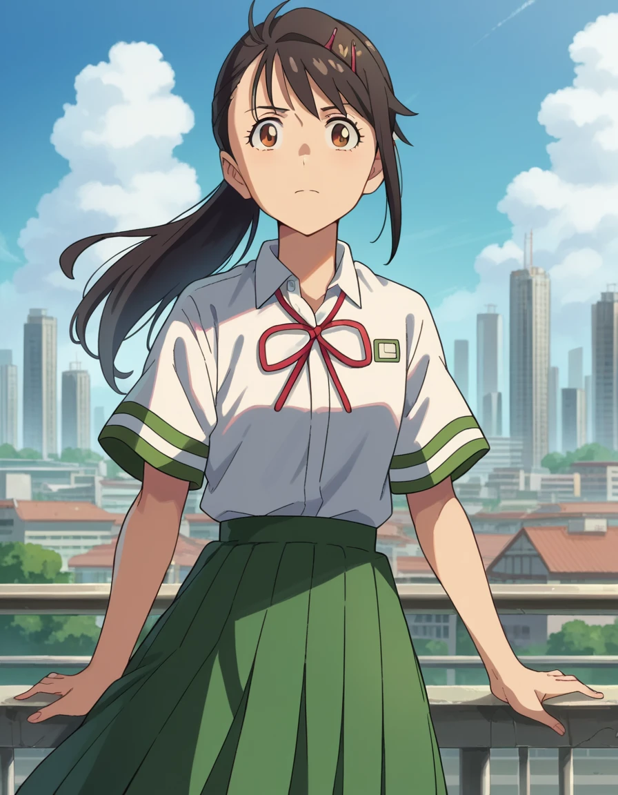 score_9, score_8_up, score_7_up, source_anime,
suzumeiwato, <lora:suzume-iwato-ponyxl-lora-nochekaiser:1>,
suzume iwato, long hair, black hair, hair ornament, brown eyes, hairclip, ponytail,
skirt, shirt, ribbon, school uniform, white shirt, red ribbon, green skirt, long skirt,
outdoors, cityscape,
looking at viewer, dutch angle, cowboy shot,