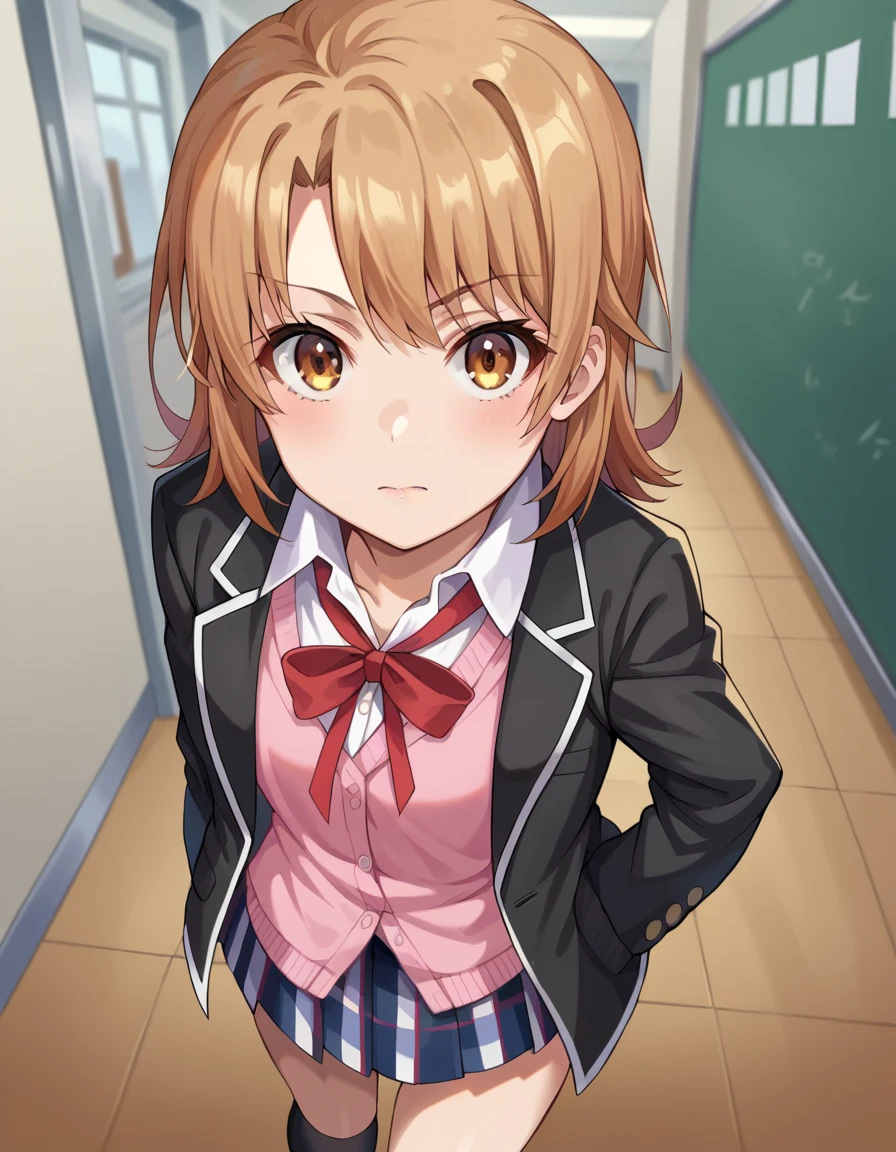 score_9, score_8_up, score_7_up, source_anime,
irohaisshiki, <lora:iroha-isshiki-ponyxl-lora-nochekaiser:1>,
iroha isshiki, short hair, brown hair, brown eyes,
skirt, shirt, ribbon, school uniform, jacket, white shirt, open clothes, socks, open jacket, black jacket, plaid, kneehighs, plaid skirt, blazer, cardigan, black socks, pink cardigan, sobu high school uniform,
indoors, classroom, hallway,
looking at viewer, dutch angle, cowboy shot,