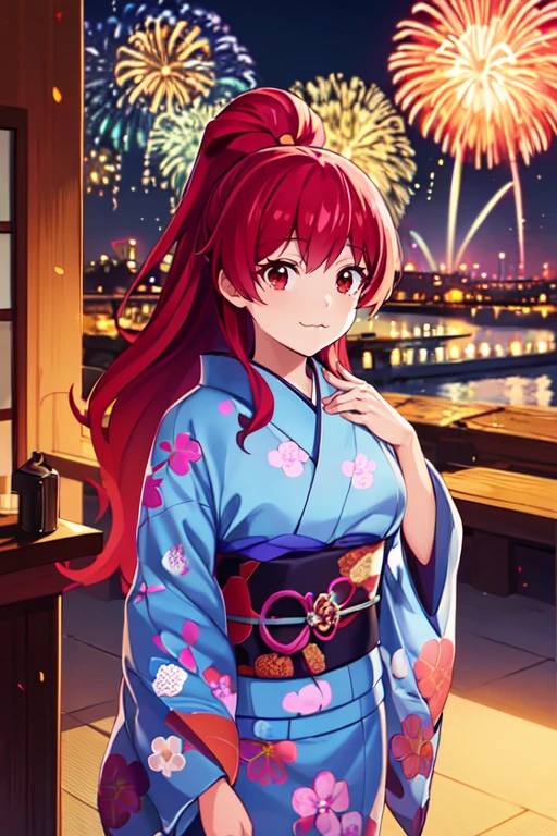 concept art masterpiece, highres, best quality, absurdres, <lora:NatsumiOÌhashiR4:0.7>, NatsumiOÌhashiR4,1girl, red eyes, red hair, long hair, solo, :3, kimono, fireworks . digital artwork, illustrative, painterly, matte painting, highly detailed