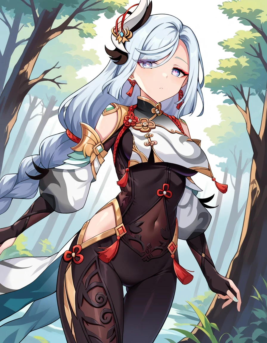 score_9, score_8_up, score_7_up, source_anime,
shenhe, <lora:genshin-shenhe-ponyxl-lora-nochekaiser:1>,
shenhe, blue eyes, braided ponytail, earrings, eyelashes, eyeliner, eyes visible through hair, eyeshadow, hair between eyes, makeup, red eyeshadow, sidelocks, single earring, symbol-shaped pupils, tassel, tassel earrings, white hair, long hair,
arm support, bare shoulders, black bodysuit, black gloves, bodysuit, breast curtain, chinese knot, clothing cutout, covered navel, detached sleeves,gloves, gold trim, hip vent, jewelry, long sleeves, partially fingerless gloves, puffy detached sleeves, puffy long sleeves, puffy sleeves, shoulder cutout, side cutout, stomach cutout, thigh cutout, white sleeves,
outdoors, shrine, forest, nature,
looking at viewer, cowboy shot, dutch angle, dynamic pose,