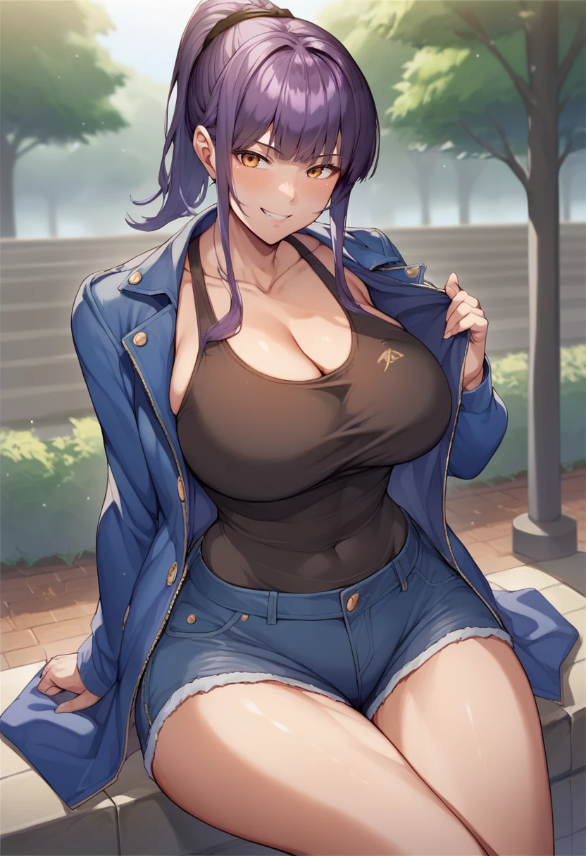 score_9, score_8_up, score_7_up, source_anime, 1girl, solo, park, amber eyes, violet hair, blue jacket, open jacket, black tank top, jean shorts, seated, on a rock, cowboy shot, grin, blush,  big breasts, wide hips, thick thighs, blunt bangs, ponytail,  <lora:neropaso-Style-PonyXL-000052:1>