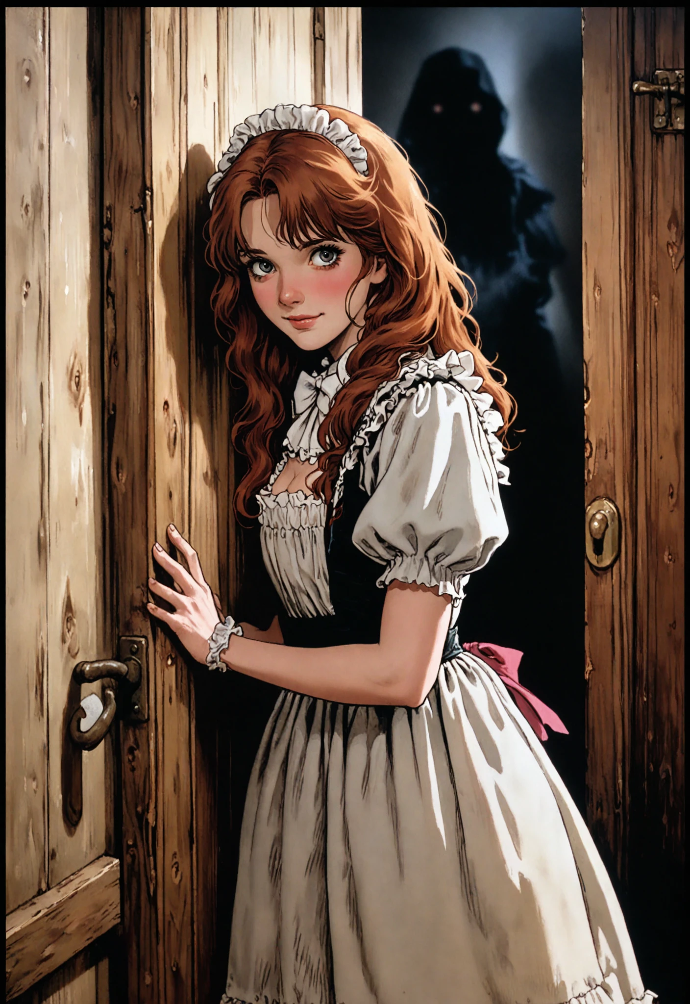 Dvd screengrab, from 1985 dark fantasy film, vintage style art, horror , raggedy chamber maid hiding behind a door, streak of light is falling on her, 18th clothing, high detail, realsitic shadow