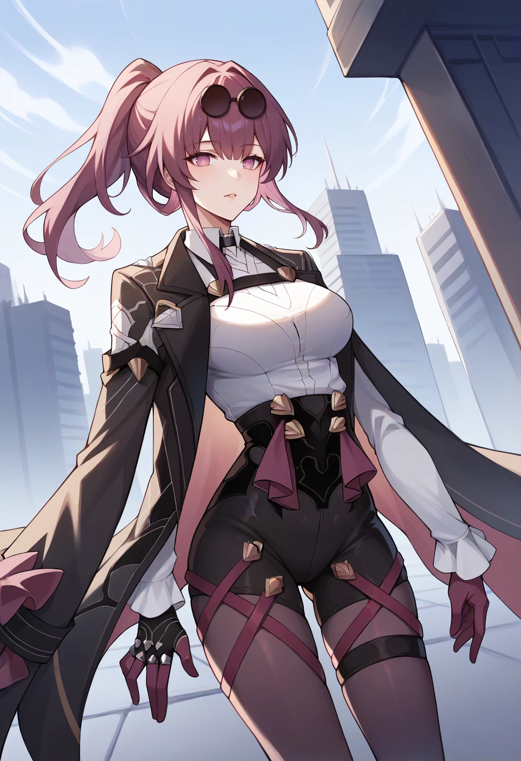 score_9,score_8_up,score_7_up,score_6_up,score_5_up,score_4_up, BREAK
1girl,kafka \(honkai: star rail\), honkai: star rail, breasts, coat, coat on shoulders, shirt, long sleeves, gloves, high-waist shorts, pantyhose, eyewear on head, ponytail, long hair, thigh strap,
cowboy shot, outdoors, city,
<lora:kafkaponyxl3:1>