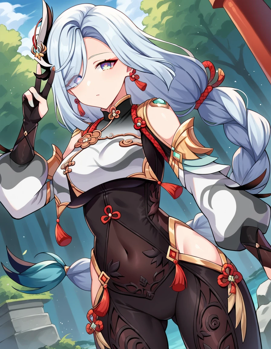 score_9, score_8_up, score_7_up, source_anime,
shenhe, <lora:genshin-shenhe-ponyxl-lora-nochekaiser:1>,
shenhe, blue eyes, braided ponytail, earrings, eyelashes, eyeliner, eyes visible through hair, eyeshadow, hair between eyes, makeup, red eyeshadow, sidelocks, single earring, symbol-shaped pupils, tassel, tassel earrings, white hair, long hair,
arm support, bare shoulders, black bodysuit, black gloves, bodysuit, breast curtain, chinese knot, clothing cutout, covered navel, detached sleeves,gloves, gold trim, hip vent, jewelry, long sleeves, partially fingerless gloves, puffy detached sleeves, puffy long sleeves, puffy sleeves, shoulder cutout, side cutout, stomach cutout, thigh cutout, white sleeves,
outdoors, shrine, forest, nature,
looking at viewer, cowboy shot, dutch angle, dynamic pose, peace sign,