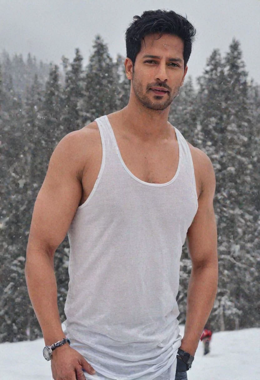 Jason Reitman a man <lora:Sehban-Azim_Jason-Reitman:0.9>, high quality, (wearing white tank top:1.2), alaska, snow, winter, large pectorals, ectomorph body, red, pink, blue