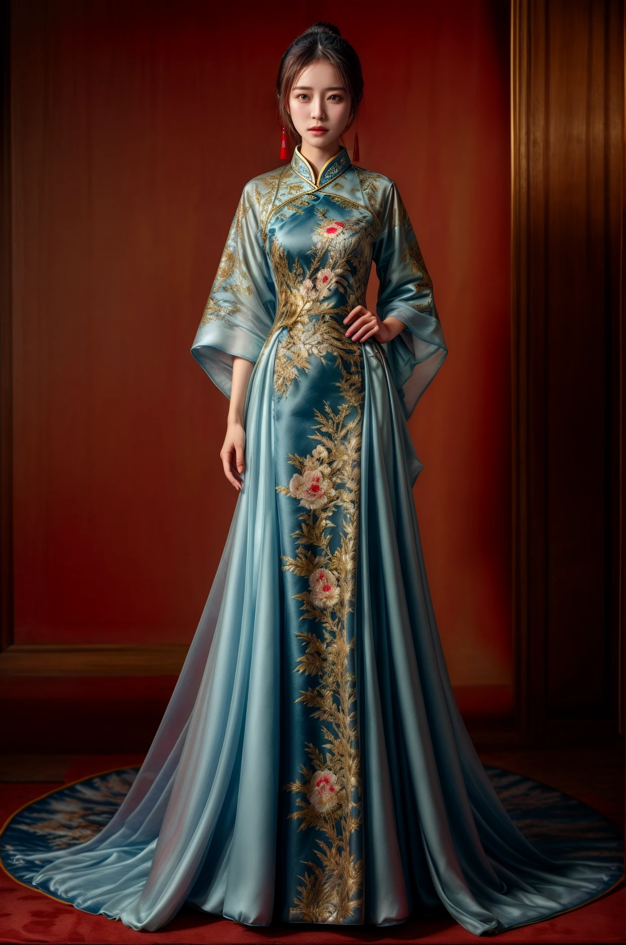 masterpiece,best quality,dynamic_angle,1girl,dress,<lora:formal attire:0.8>,formal attire,<lora:add_detail:1>,chinese style,chinese style formal dress,