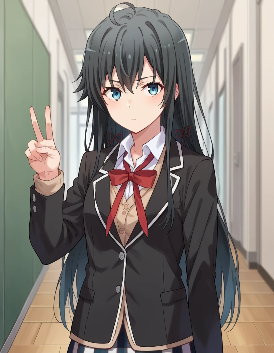 score_9, score_8_up, score_7_up, source_anime,
yukinoyukinoshita, <lora:yukino-yukinoshita-ponyxl-lora-nochekaiser:1>,
yukino yukinoshita, black hair, blue eyes, long hair, ahoge,
blazer, cardigan, jacket, plaid, plaid skirt, school uniform, skirt, sobu high school uniform,
indoors, classroom, hallway,
looking at viewer, dutch angle, cowboy shot, dynamic pose, peace sign,