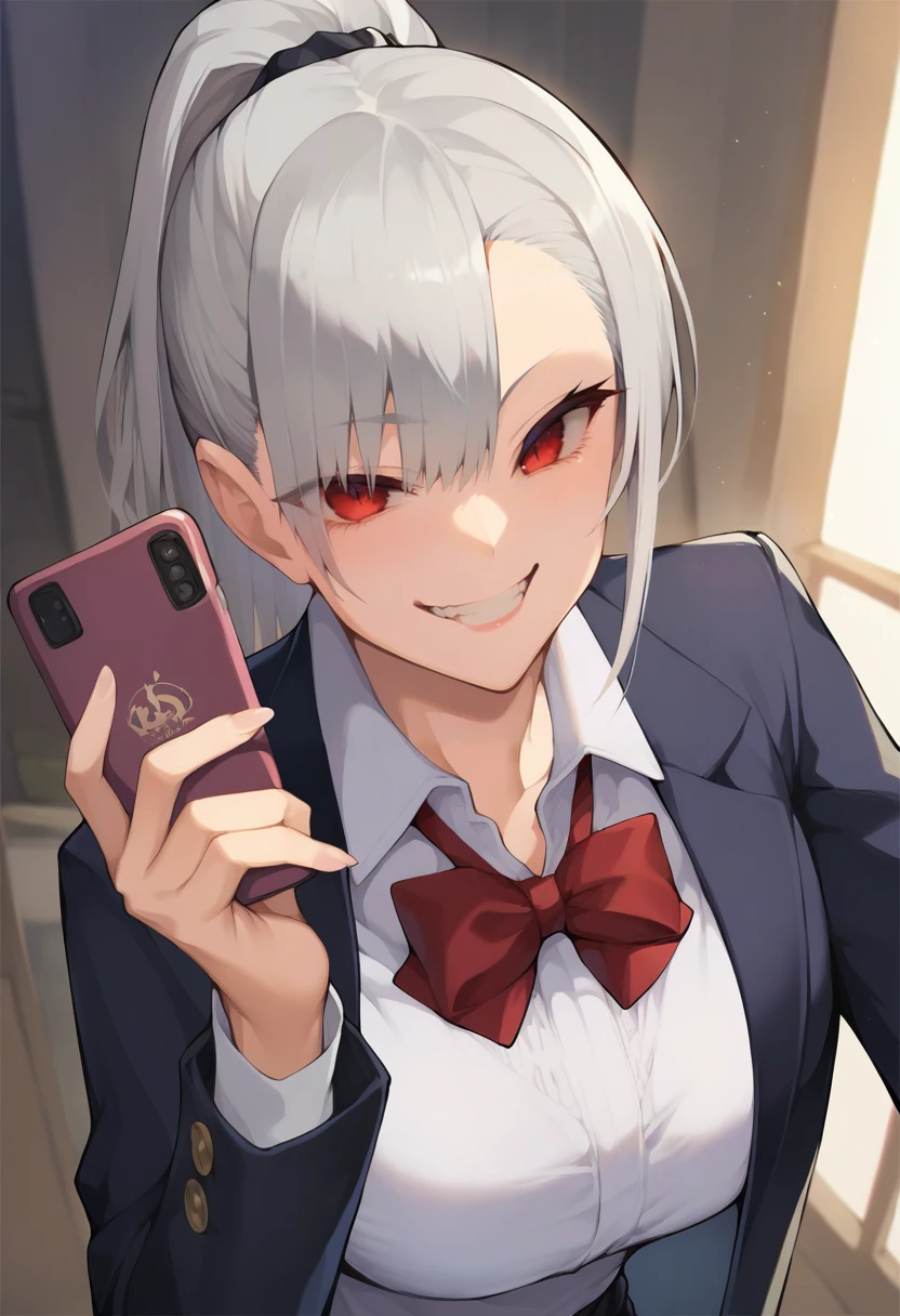 score_9, score_8_up, score_7_up, source_anime, 1girl,red eyes,smile, room, holding cellphone, in hand, ponytail,grey hair, blazer, smirk <lora:Satou-Daiji-Style-PonyXL-000042:1>