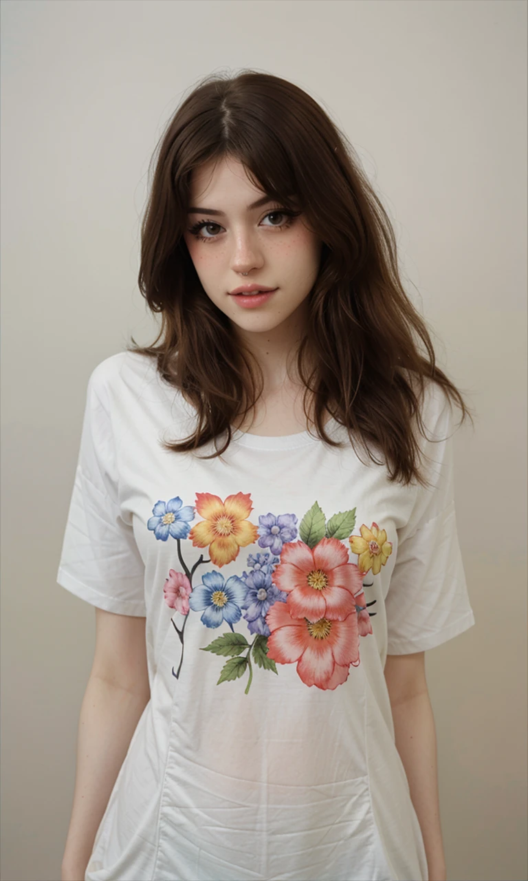 1girl, hannahowo, headshot, portrait, tshirt, flower print tshirt, simple background,