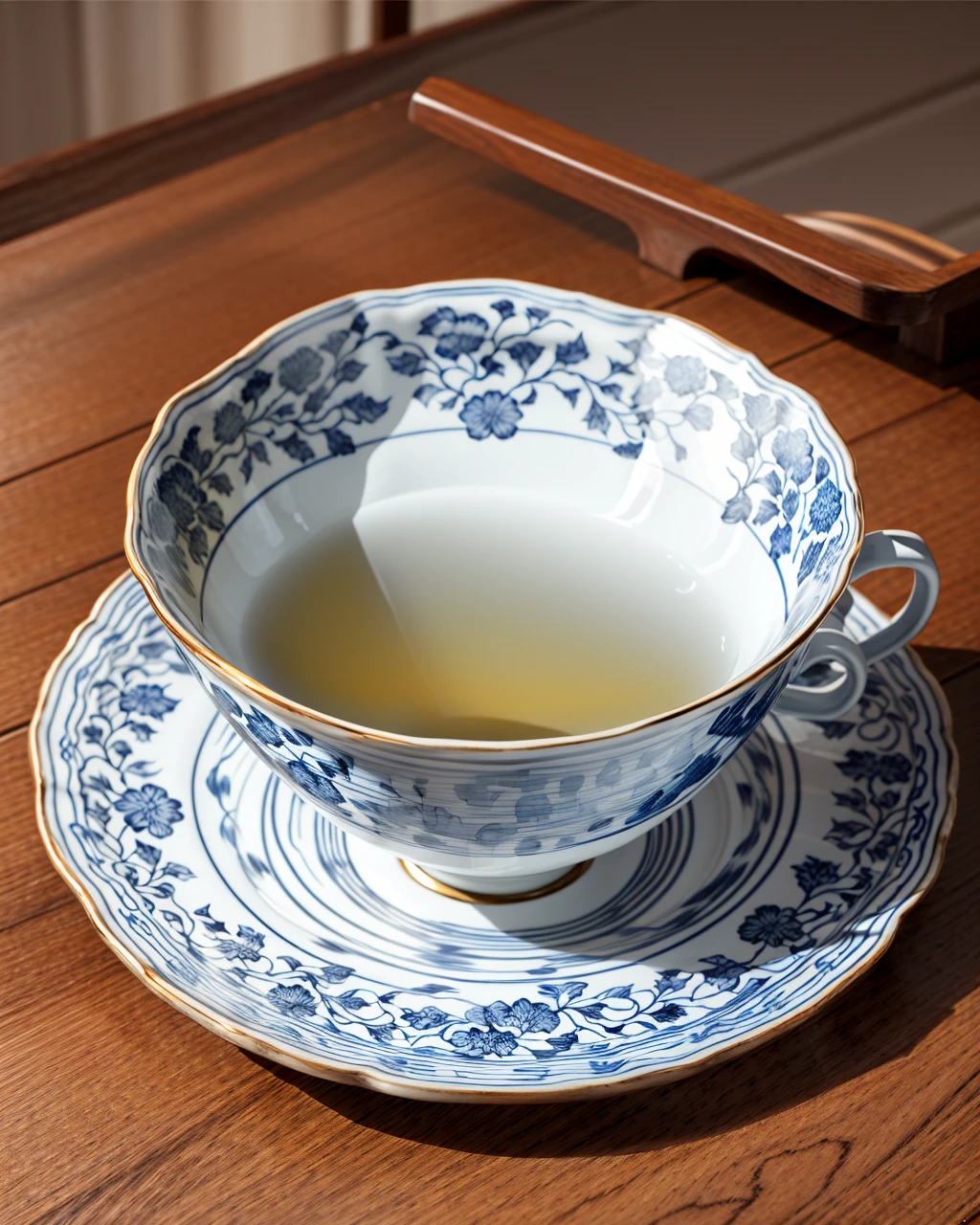best quality,masterpiece,highly detailed,ultra-detailed, 
 tea cup,bowl plate, tray,wooden table,green tea,
<lora:neg4all_bdsqlsz_V3.5:-1>
 <lora:blue-and-white-porcelain:1>blue-and-white porcelain,