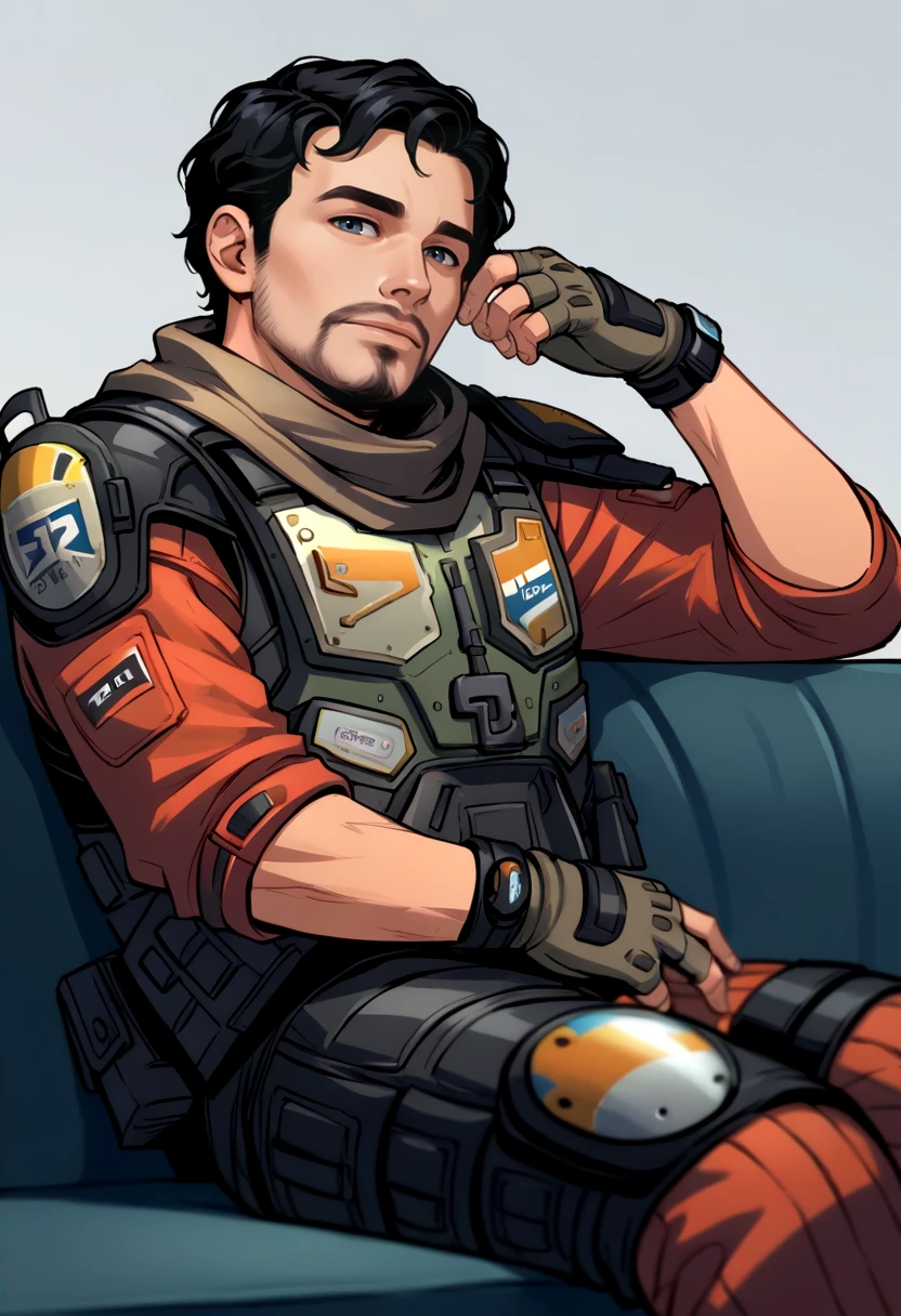 score_9, score_8_up, score_7_up, source_anime BREAK 1boy, solo, male focus, <lora:jackcooper-tif-richy-v1_pdxl:1> jackcooper, black hair, short hair, facial hair, scarf, orange jumpsuit, bulletproof vest, tactical clothes, armor, fingerless gloves, sitting, couch