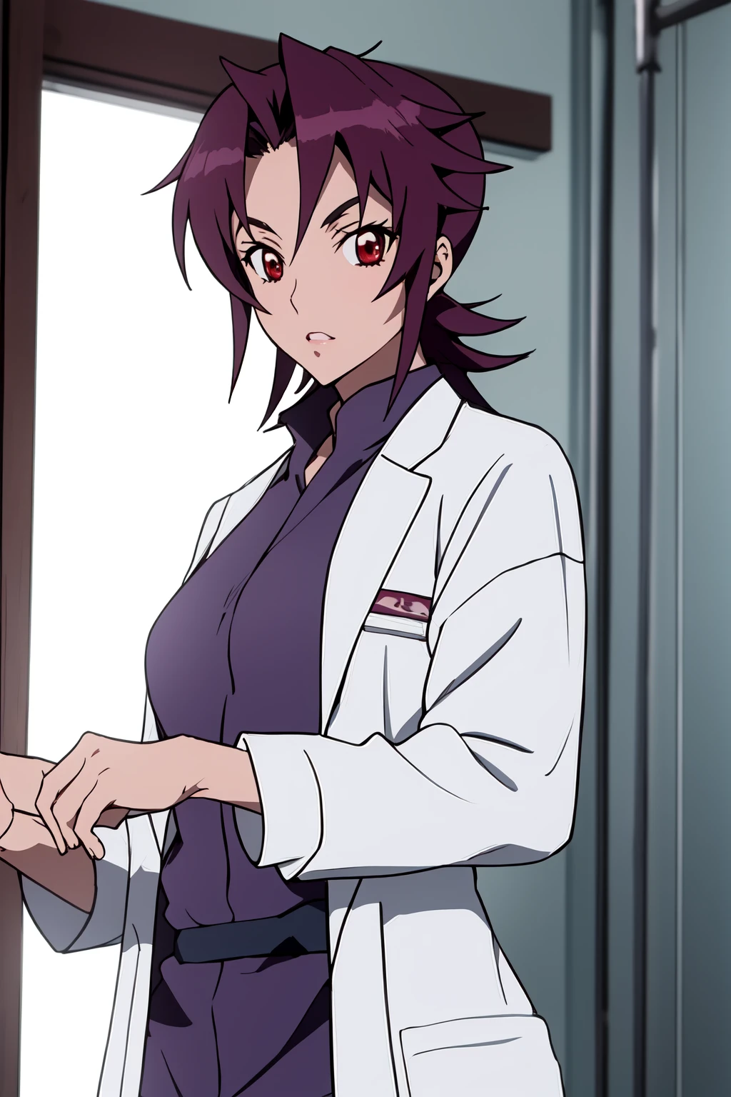 (RAW photo, best quality), 1girl,  natural lighting <lora:triage_x_miki_tsurugi_v1_2-000005:1>, miki tsurugi (triagex), labcoat, upper body,