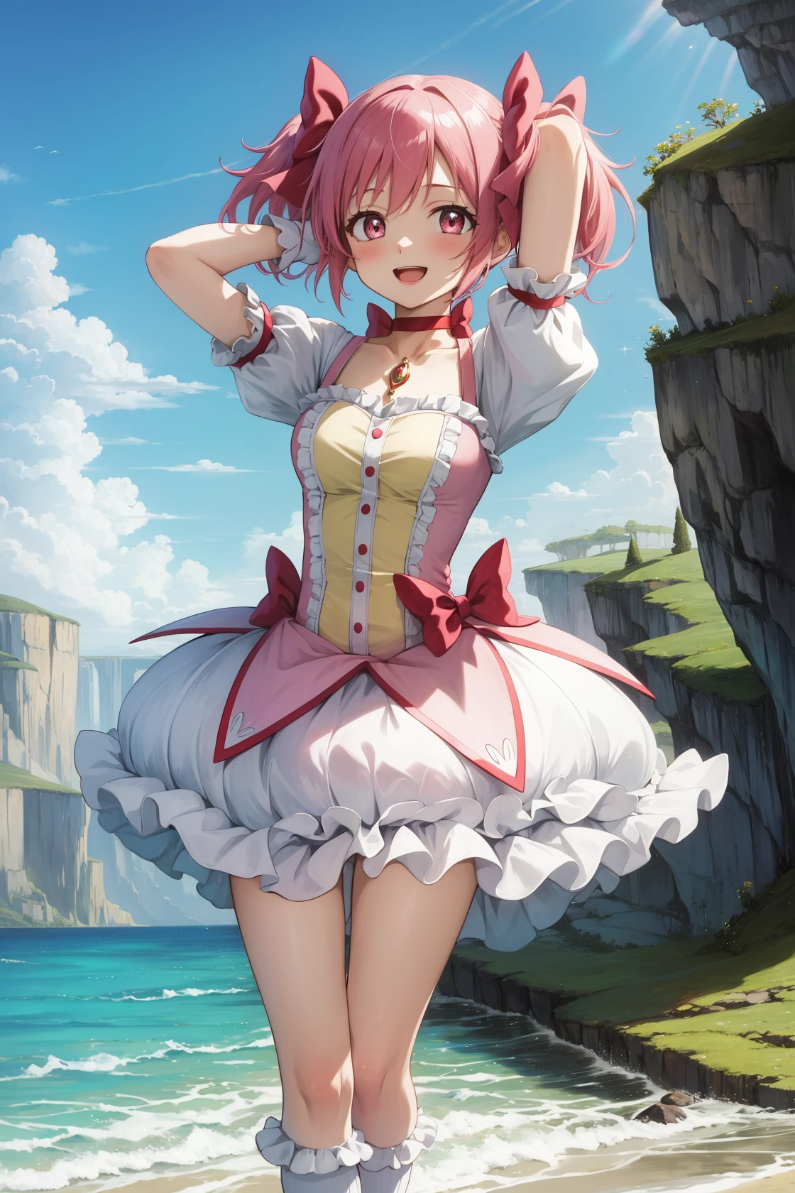 masterpiece, best quality, highres,
MadokaAi, 1girl, solo, pink hair, pink eyes, short hair, bangs, short twintails, flat chest, breasts, blush, smile, open mouth, large breasts, bow, ribbon, twintails, hair ribbon, hair bow, symbol-shaped pupils, red ribbon, pink bow,
gloves, white gloves, frilled sleeves, collarbone, soul gem, skirt, dress, shoes, buttons, choker, socks, puffy sleeves, ribbon choker, red choker, puffy short sleeves, frills, choker, cosplay, rose, magical girl, bubble skirt, kaname madoka,
cowboy shot, looking at viewer, arms behind head, arms up, outdoors, cave, darkness, shadow, stalactite, <lora:Madoka:1>