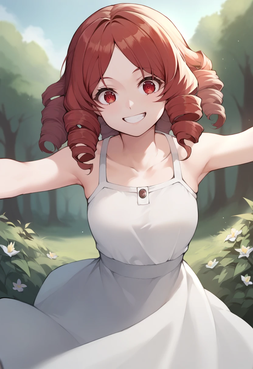score_9, score_8_up, score_7_up, source_anime, 1girl,red eyes,smile, outdoors, best quality, red hair, ringlets, outstretched arms, portrait, white sundress, <lora:xiujia-yihuizi-Style-PonyXL-000054:1>