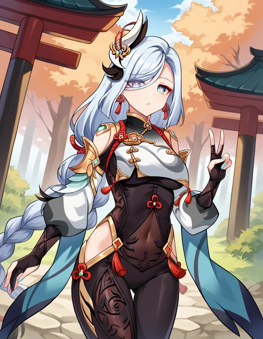 score_9, score_8_up, score_7_up, source_anime,
shenhe, <lora:genshin-shenhe-ponyxl-lora-nochekaiser:1>,
shenhe, blue eyes, braided ponytail, earrings, eyelashes, eyeliner, eyes visible through hair, eyeshadow, hair between eyes, makeup, red eyeshadow, sidelocks, single earring, symbol-shaped pupils, tassel, tassel earrings, white hair, long hair,
arm support, bare shoulders, black bodysuit, black gloves, bodysuit, breast curtain, chinese knot, clothing cutout, covered navel, detached sleeves,gloves, gold trim, hip vent, jewelry, long sleeves, partially fingerless gloves, puffy detached sleeves, puffy long sleeves, puffy sleeves, shoulder cutout, side cutout, stomach cutout, thigh cutout, white sleeves,
outdoors, shrine, forest, nature,
looking at viewer, cowboy shot, dutch angle, dynamic pose, peace sign,