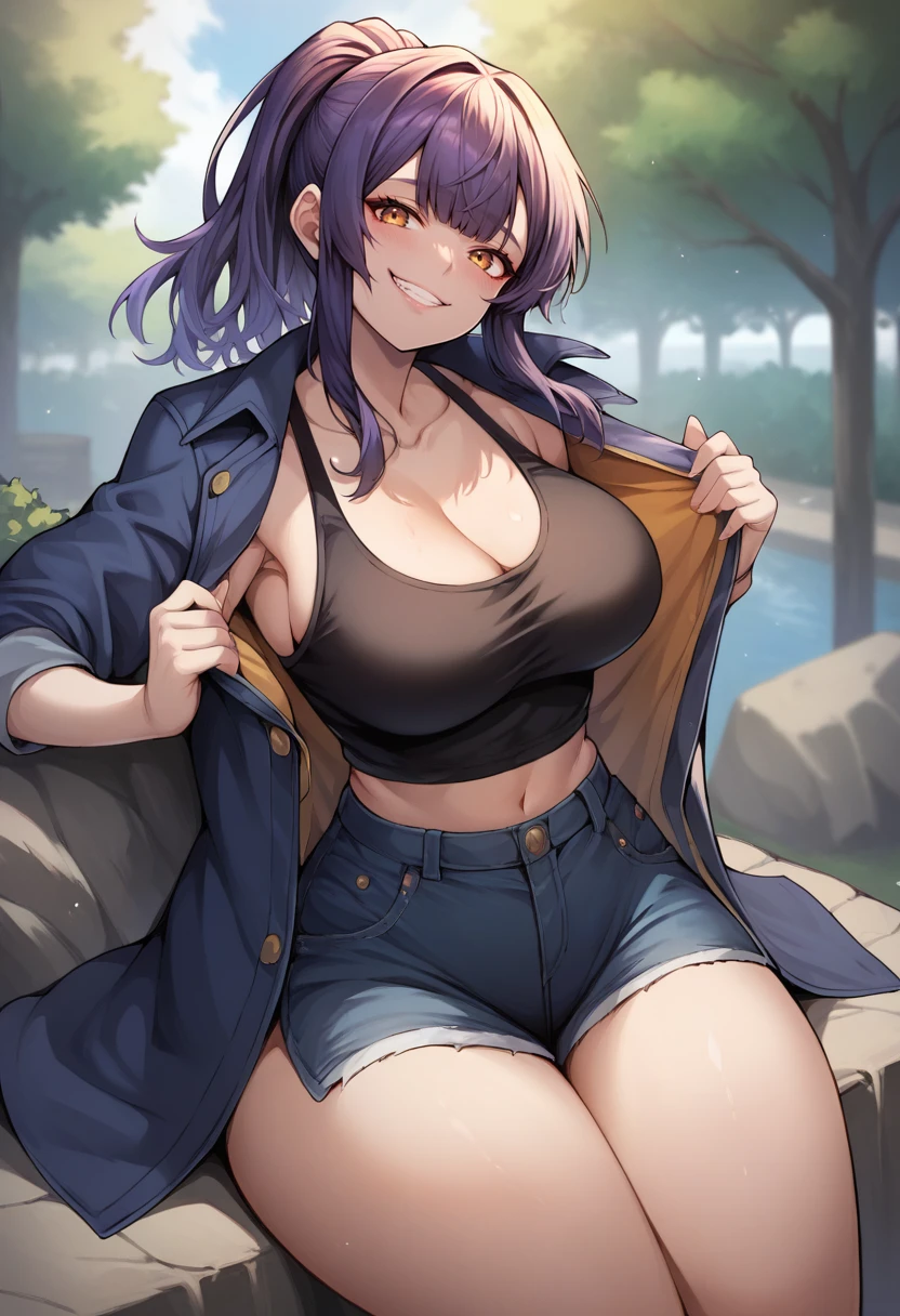 score_9, score_8_up, score_7_up, source_anime, 1girl, solo, park, amber eyes, violet hair, blue jacket, open jacket, black tank top, jean shorts, seated, on a rock, cowboy shot, grin, blush,  big breasts, wide hips, thick thighs, blunt bangs, ponytail,  <lora:Wisespeak-Style-PonyXL-000028:1>