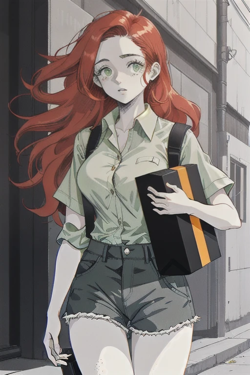 Jenny Matthens(long bright red shoulder length hair, light skin, freckled face, pale green eyes, large bust) wearing(green button-down shirt, dark gray shorts) carrying a package